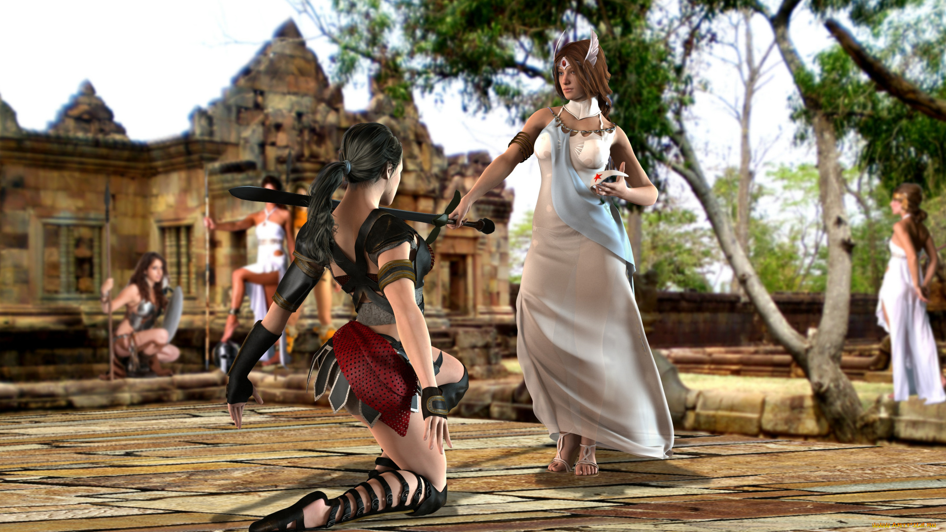 3д, графика, амазонки, , amazon, девушки, взгляд, фон, оружие, посвящение, воительницы