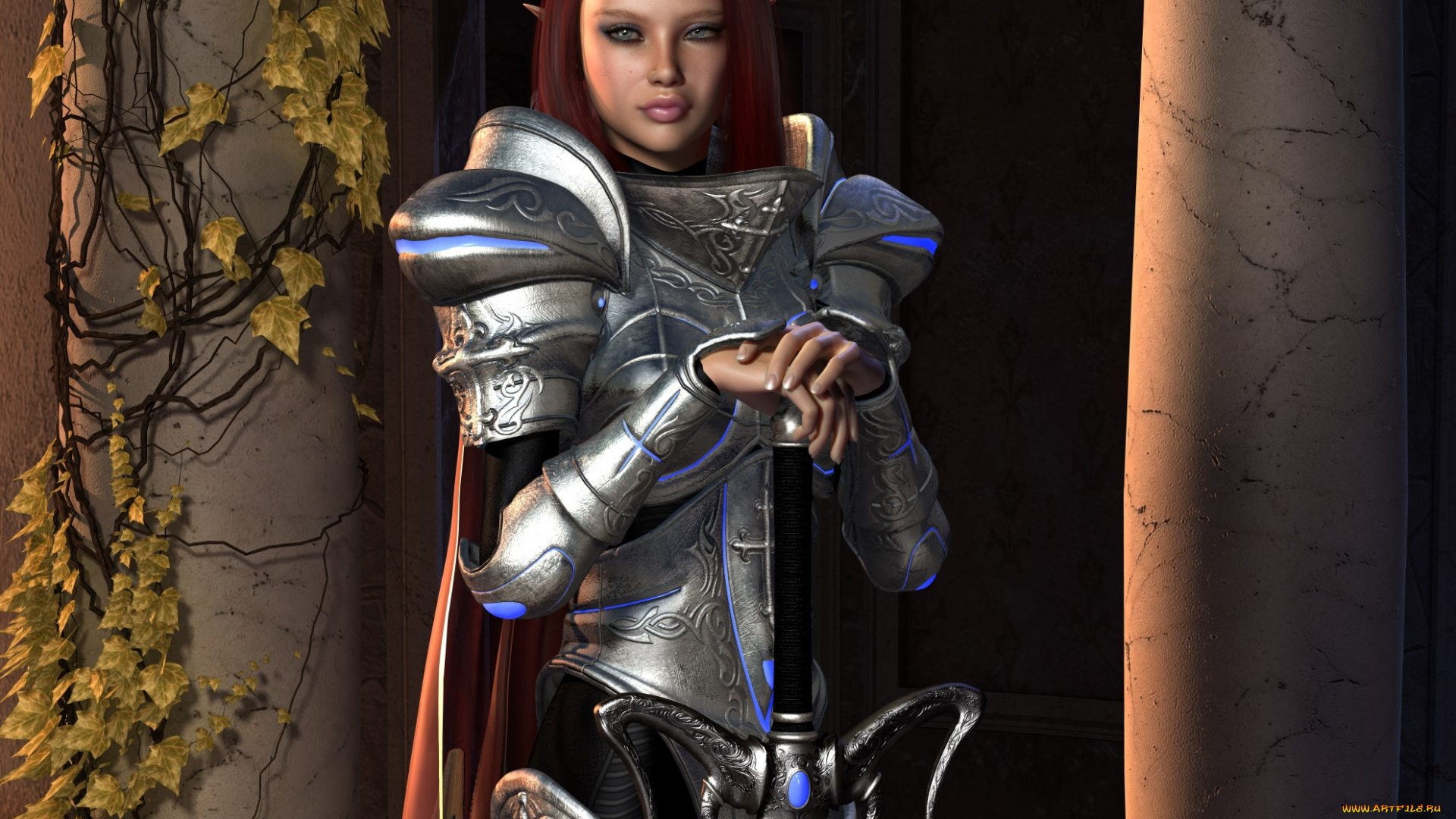 3д, графика, эльфы, , elves, эльфийка, взгляд, фон, доспехи, воительница, меч