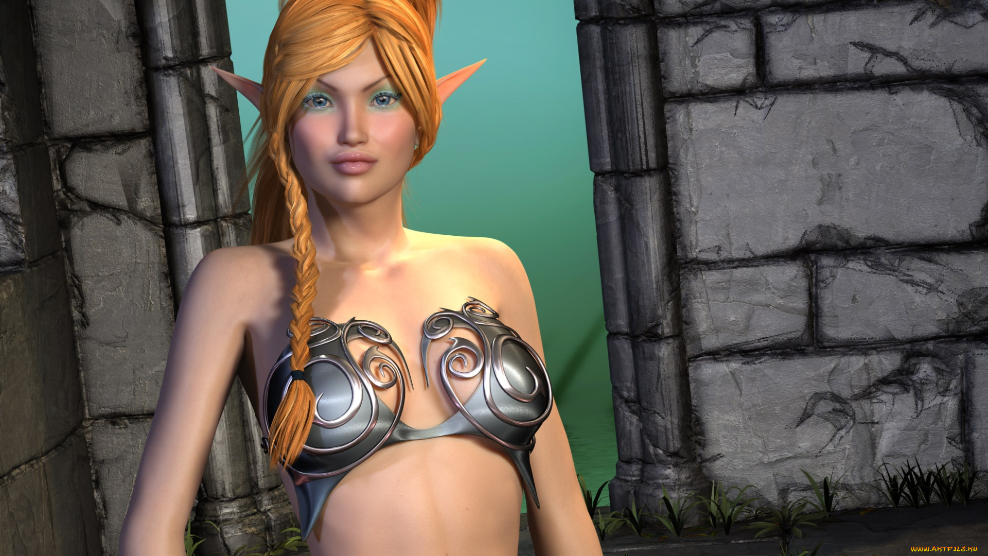 3д, графика, эльфы, , elves, эльфийка, взгляд, фон, коса