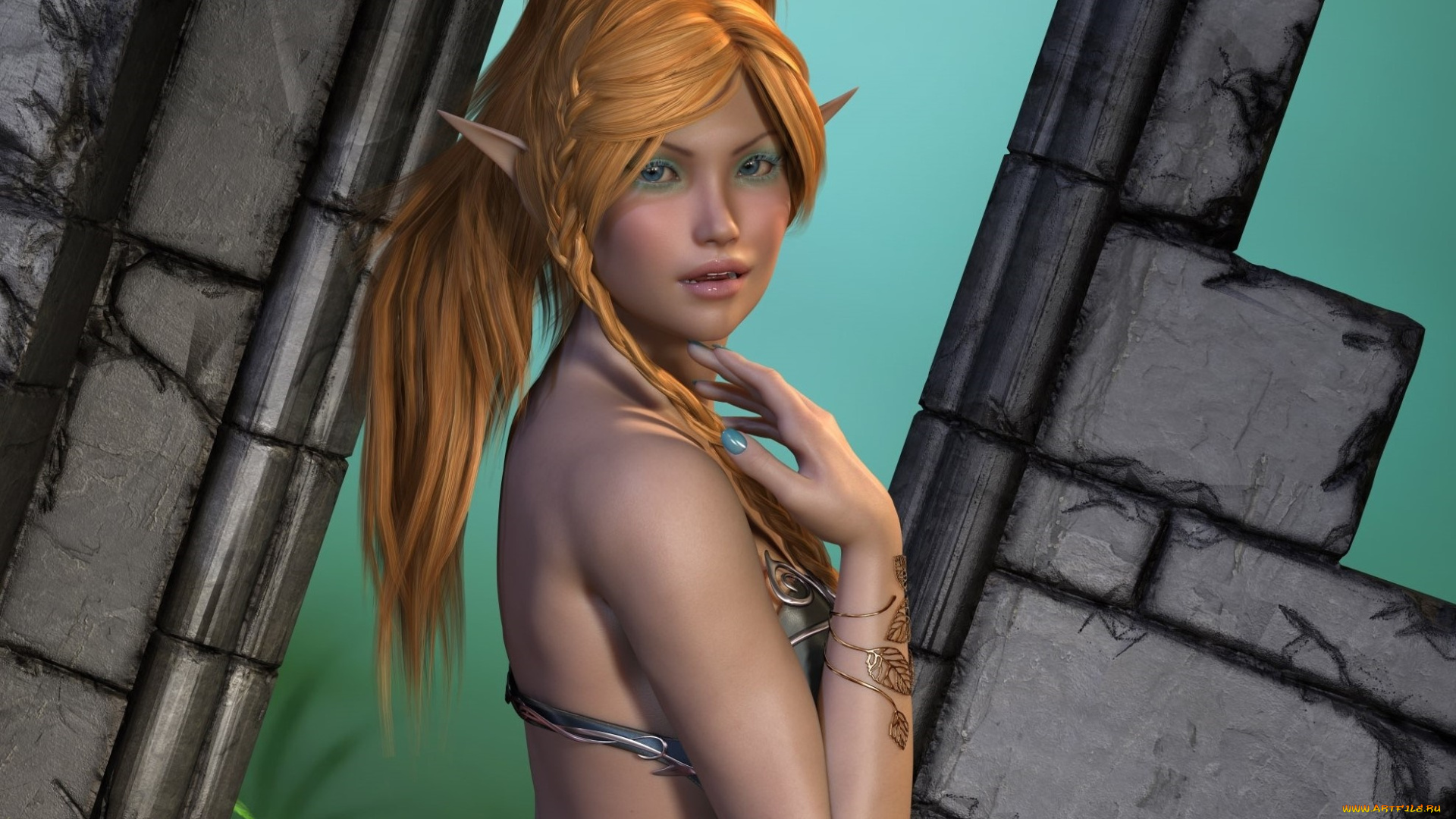 3д, графика, эльфы, , elves, фон, взгляд, эльфийка