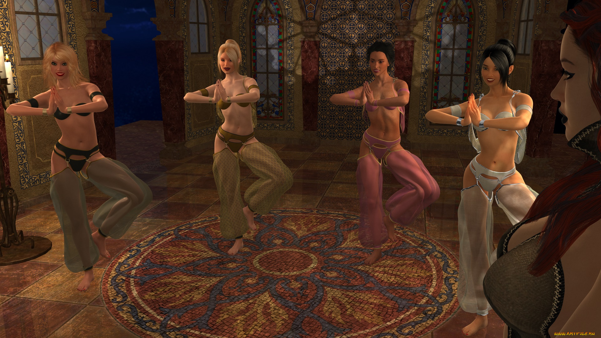 3д, графика, фантазия, , fantasy, девушки, трон, танец, фон, взгляд