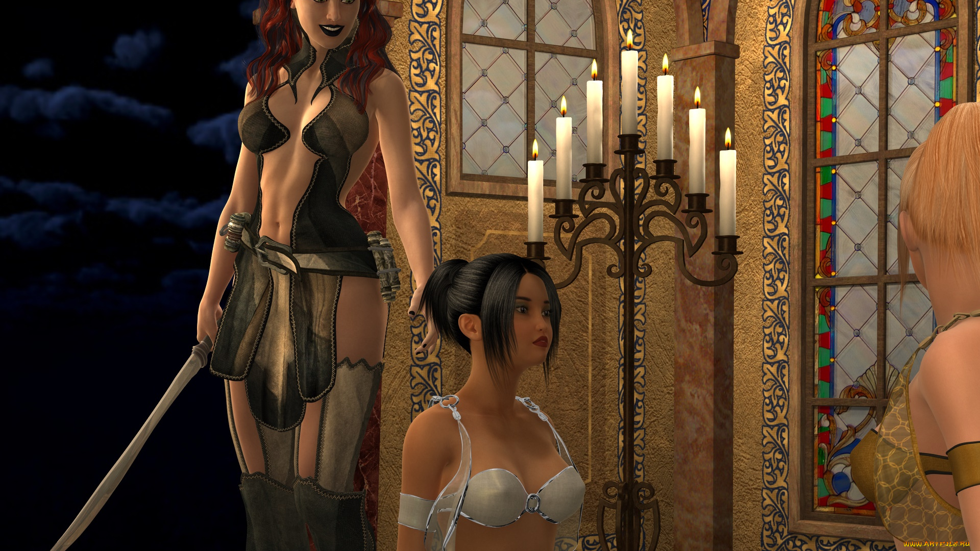 3д, графика, фантазия, , fantasy, фон, взгляд, девушки, свечи, меч