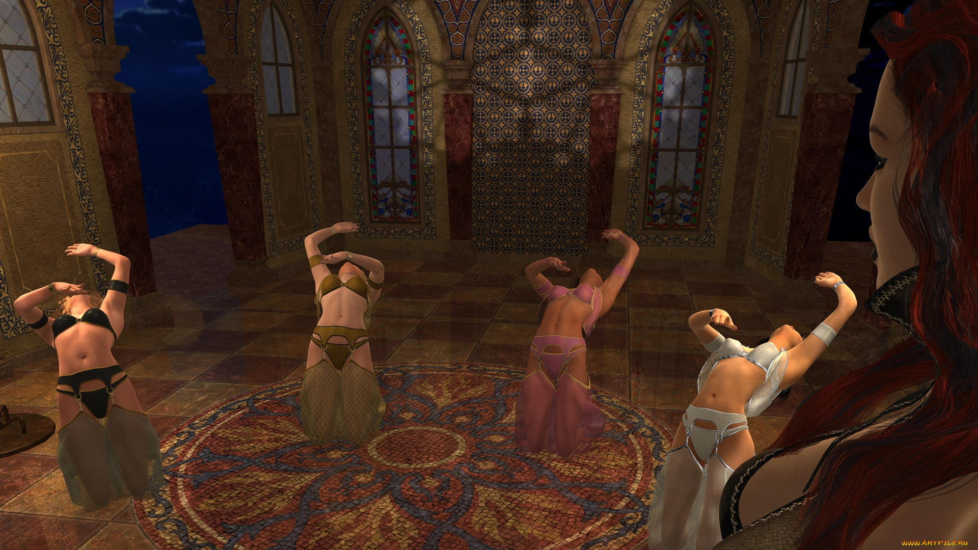 3д, графика, фантазия, , fantasy, танец, фон, взгляд, девушки, трон