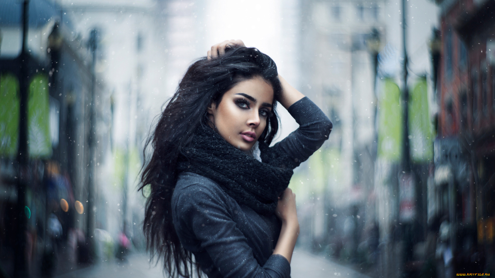 девушки, -unsort, , брюнетки, , шатенки, дождь, снег, шарф, брюнетка, девушка, город