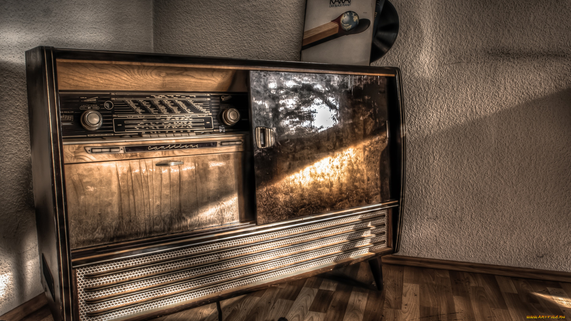 музыка, -, другое, приемник, радио, ретро, пластинки, угол, комната, паркет, диски