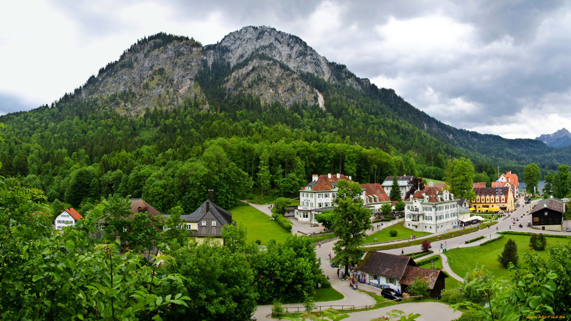 швангау, германия, города, -, панорамы, дома, горы, деревья, пейзаж, дороги