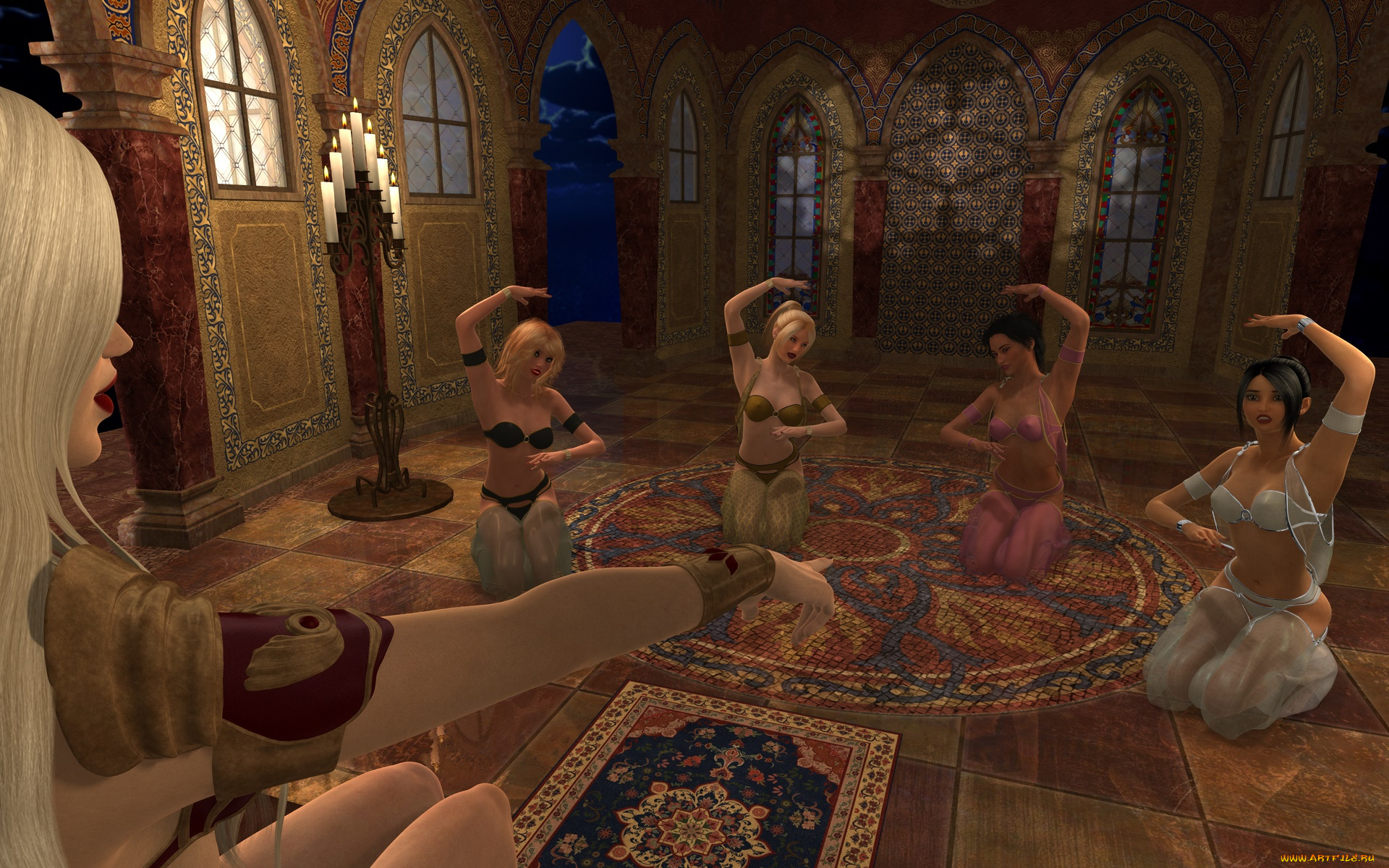 3д, графика, фантазия, , fantasy, трон, фон, танец, девушки, взгляд