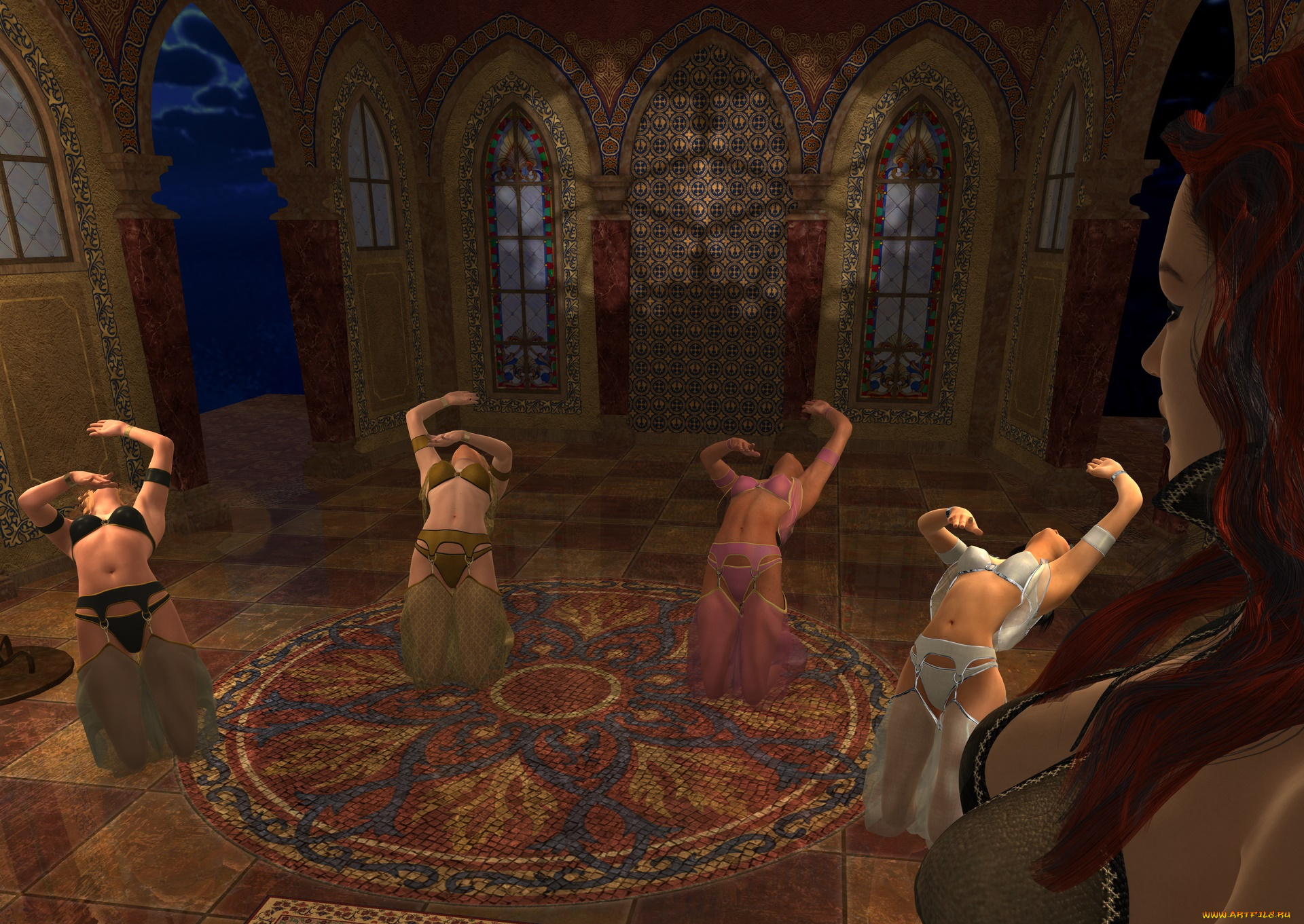 3д, графика, фантазия, , fantasy, танец, фон, взгляд, девушки, трон