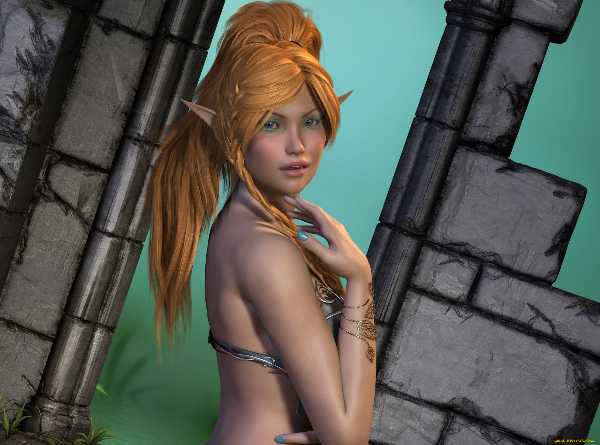 3д, графика, эльфы, , elves, фон, взгляд, эльфийка