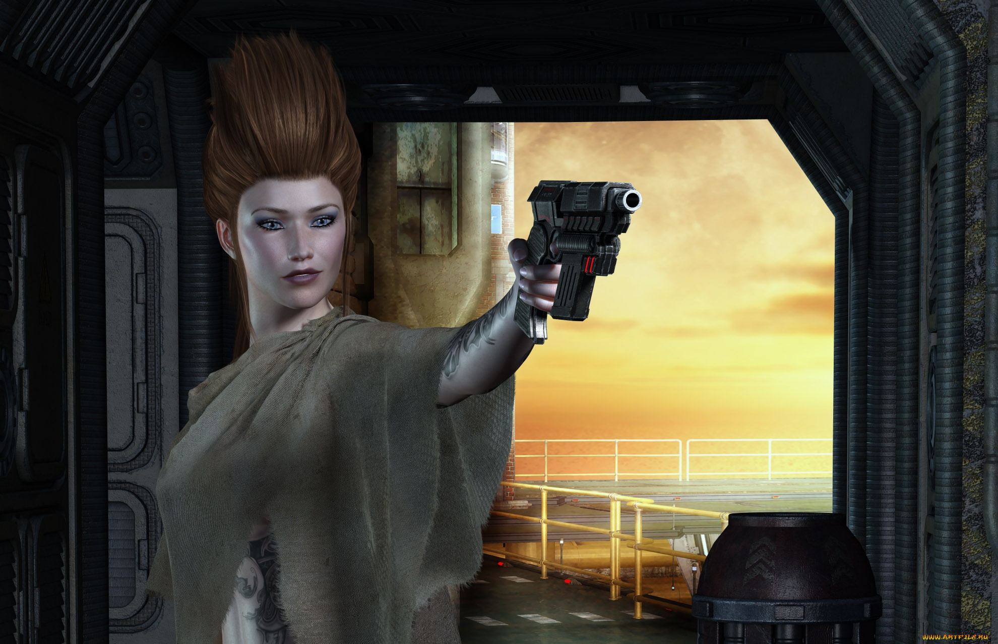 3д, графика, люди, , people, девушка, взгляд, фон, оружие