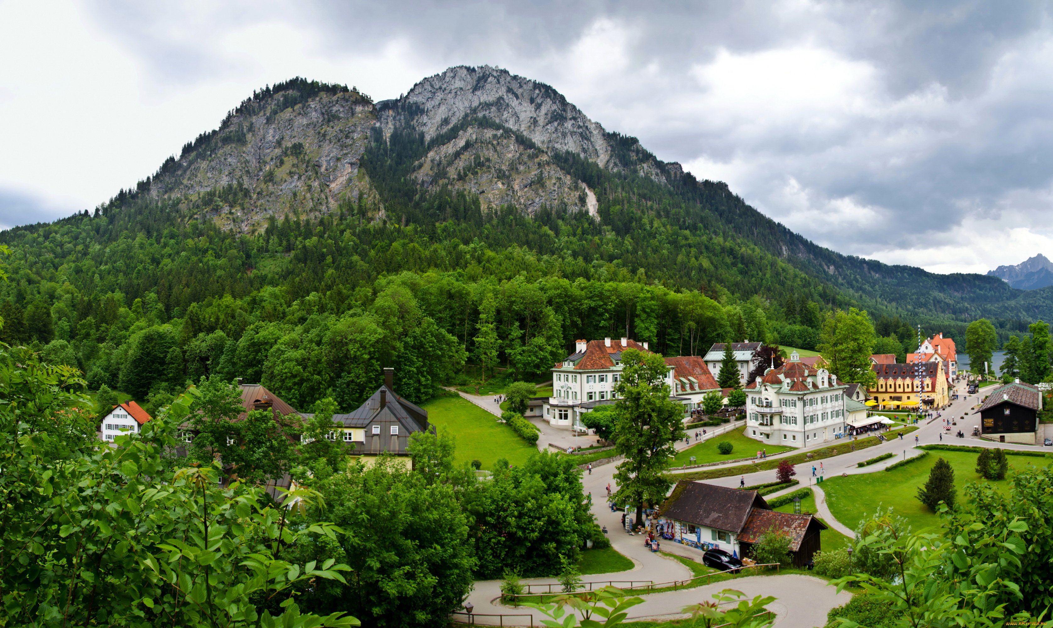 швангау, германия, города, -, панорамы, дома, горы, деревья, пейзаж, дороги