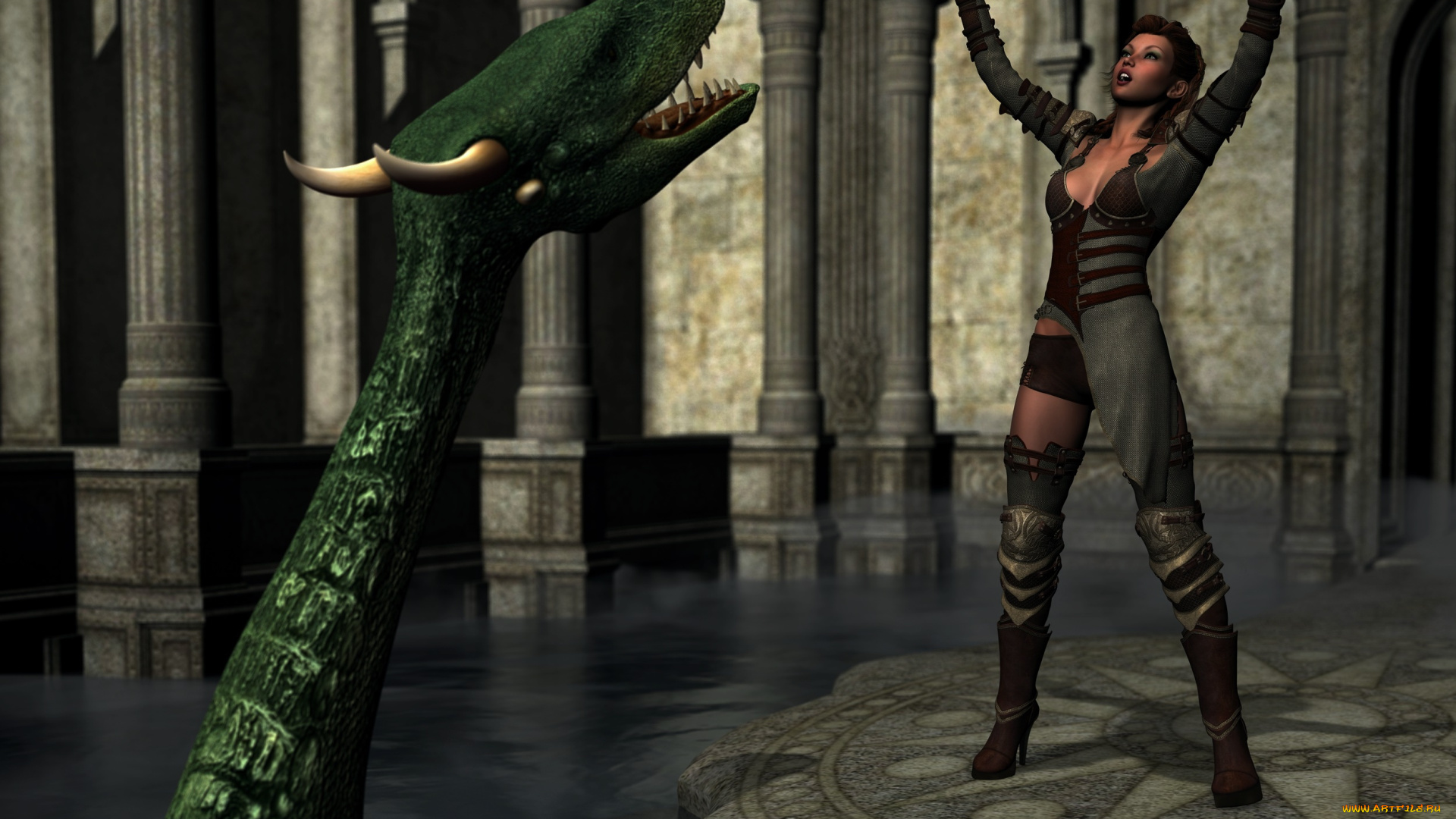 3д, графика, фракталы, , fractal, дракон, фон, взгляд, девушка