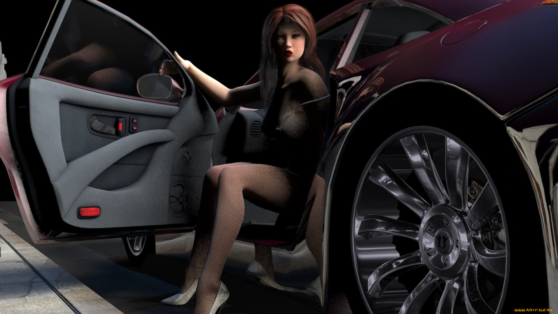 3д, графика, люди-авто, мото, , people-, car, , , moto, девушка, взгляд, фон, автомобиль