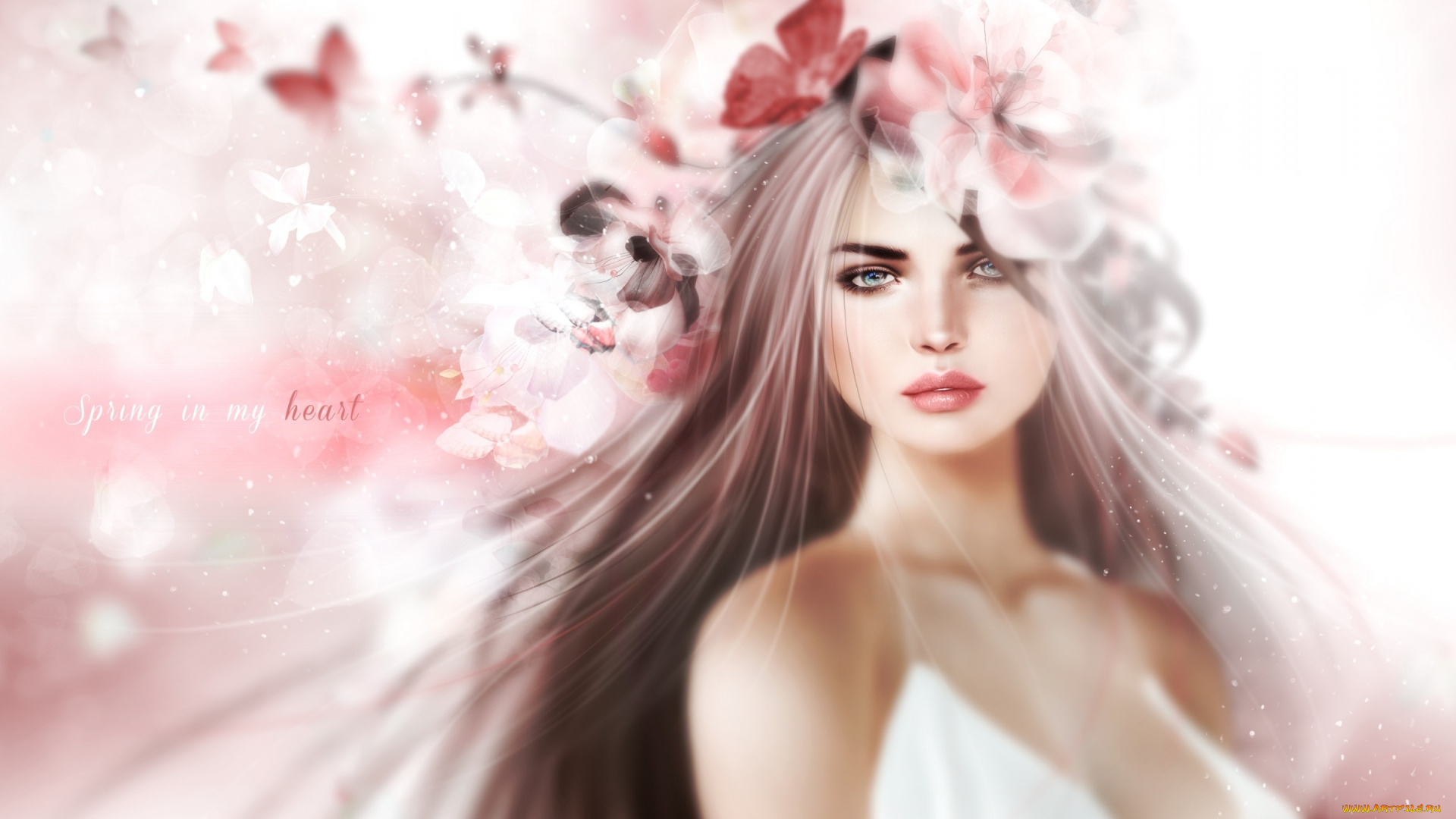 3д, графика, портрет, , portraits, девушка, волосы, венок, нежность, весна