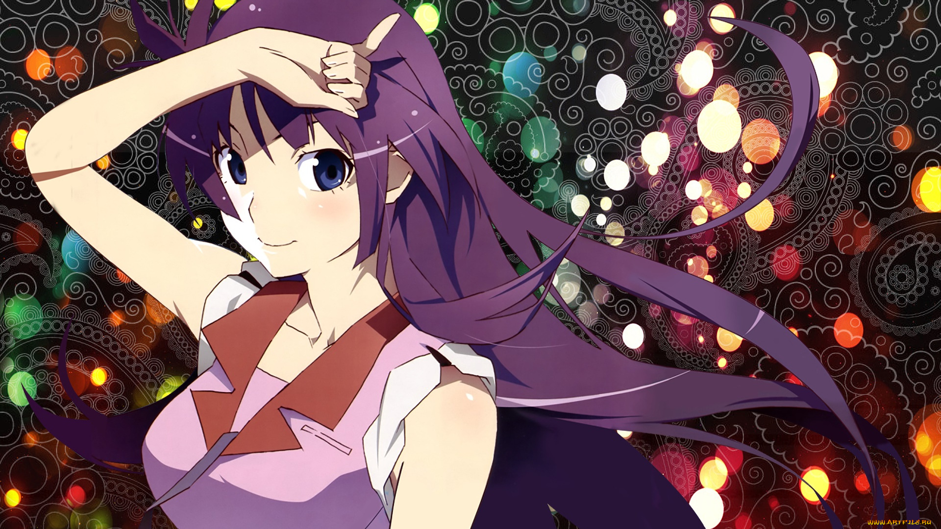 аниме, bakemonogatari, девушка, фон, взгляд