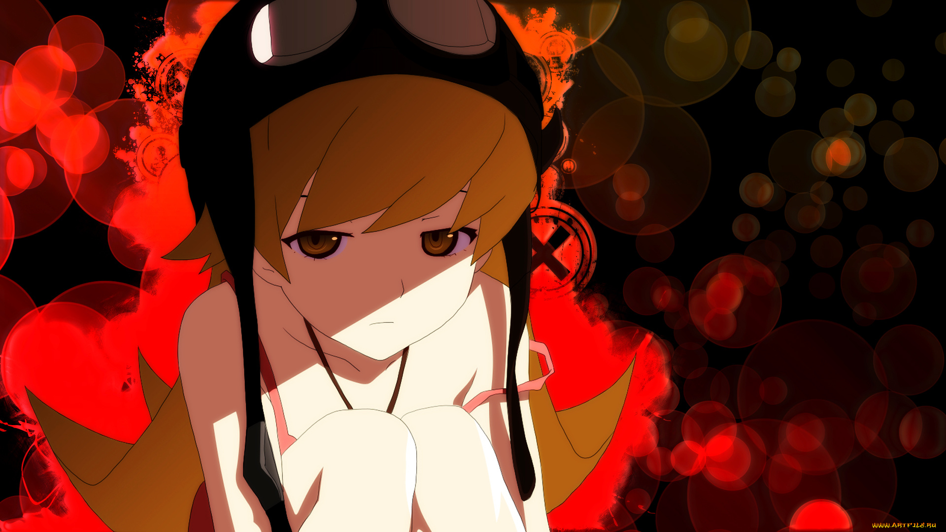 аниме, bakemonogatari, девушка, взгляд, фон