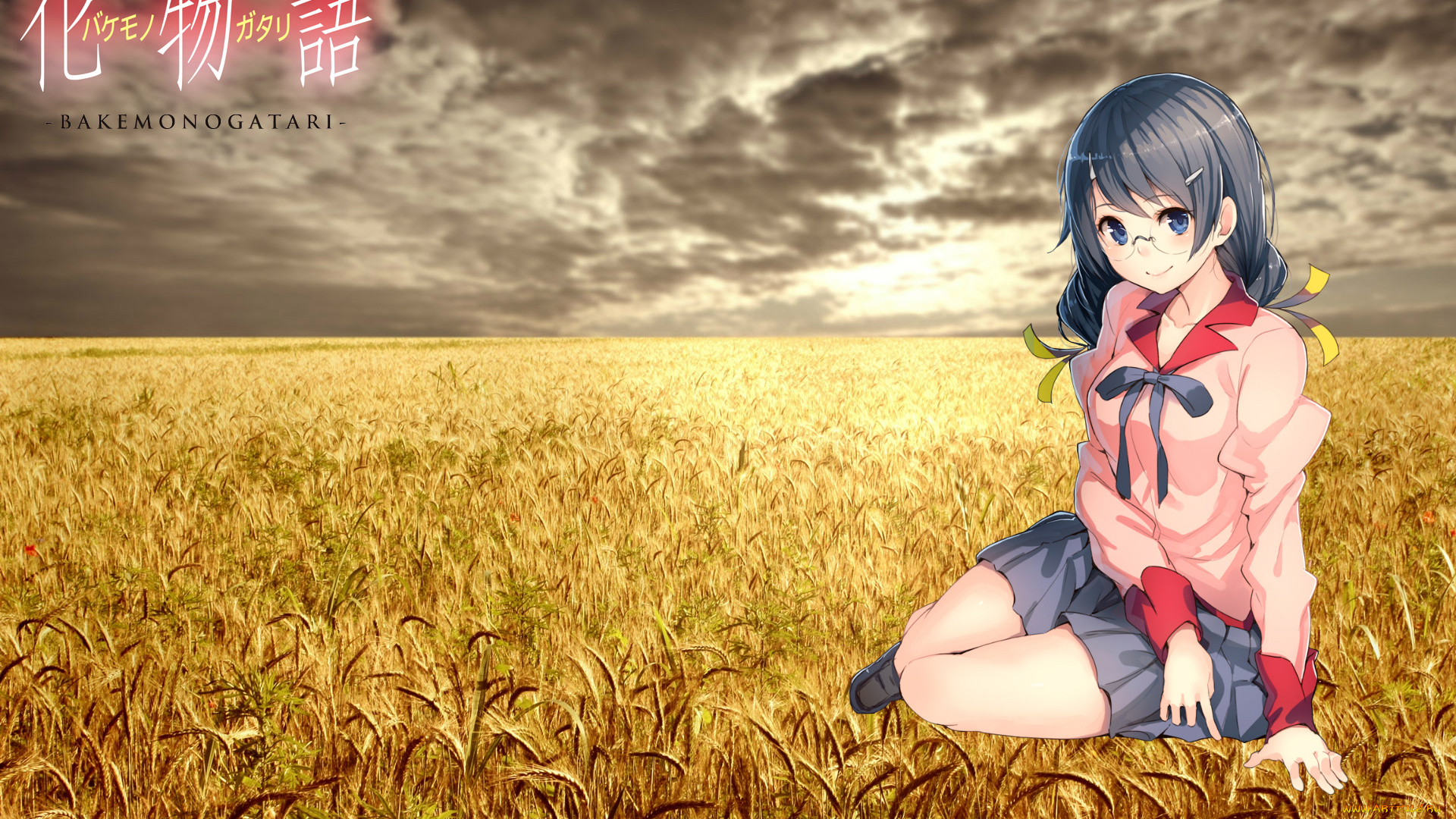 аниме, bakemonogatari, девушка, взгляд, фон