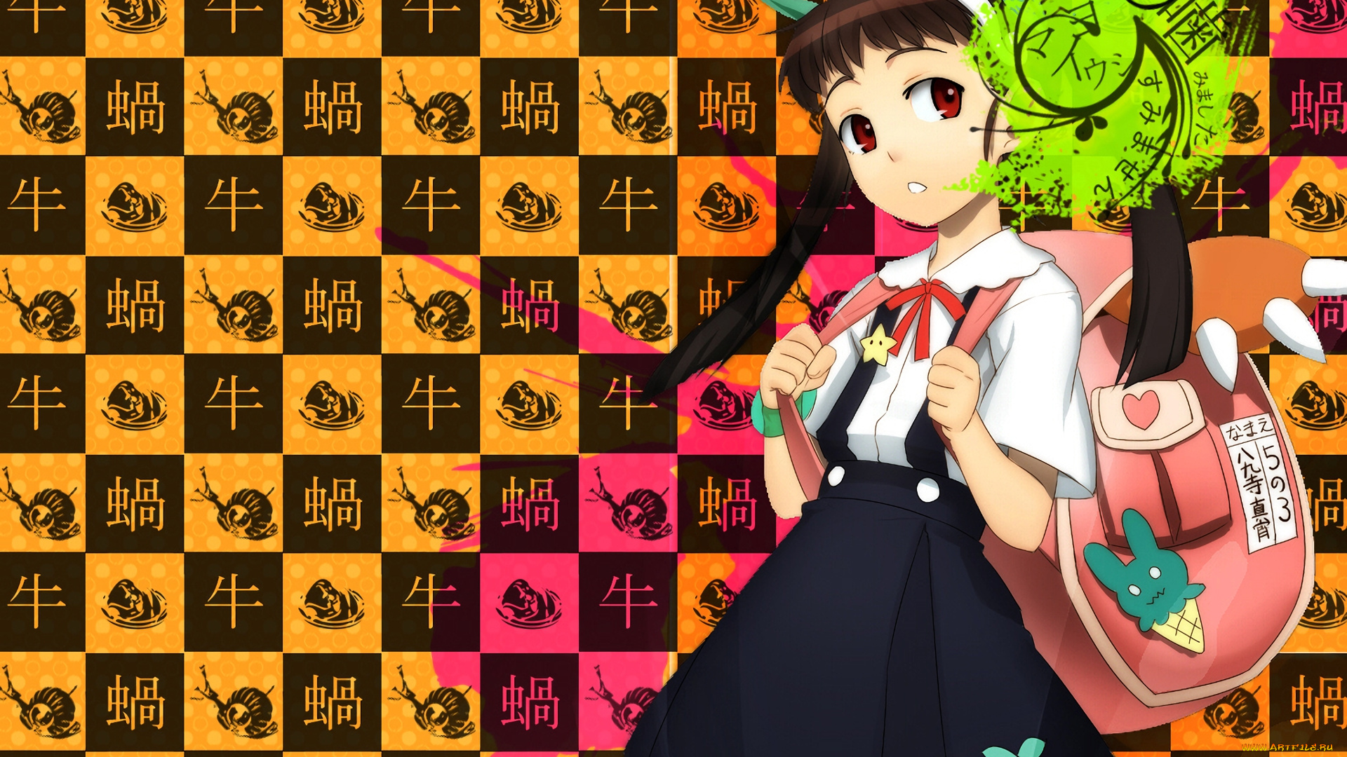 аниме, bakemonogatari, девушка, взгляд, фон