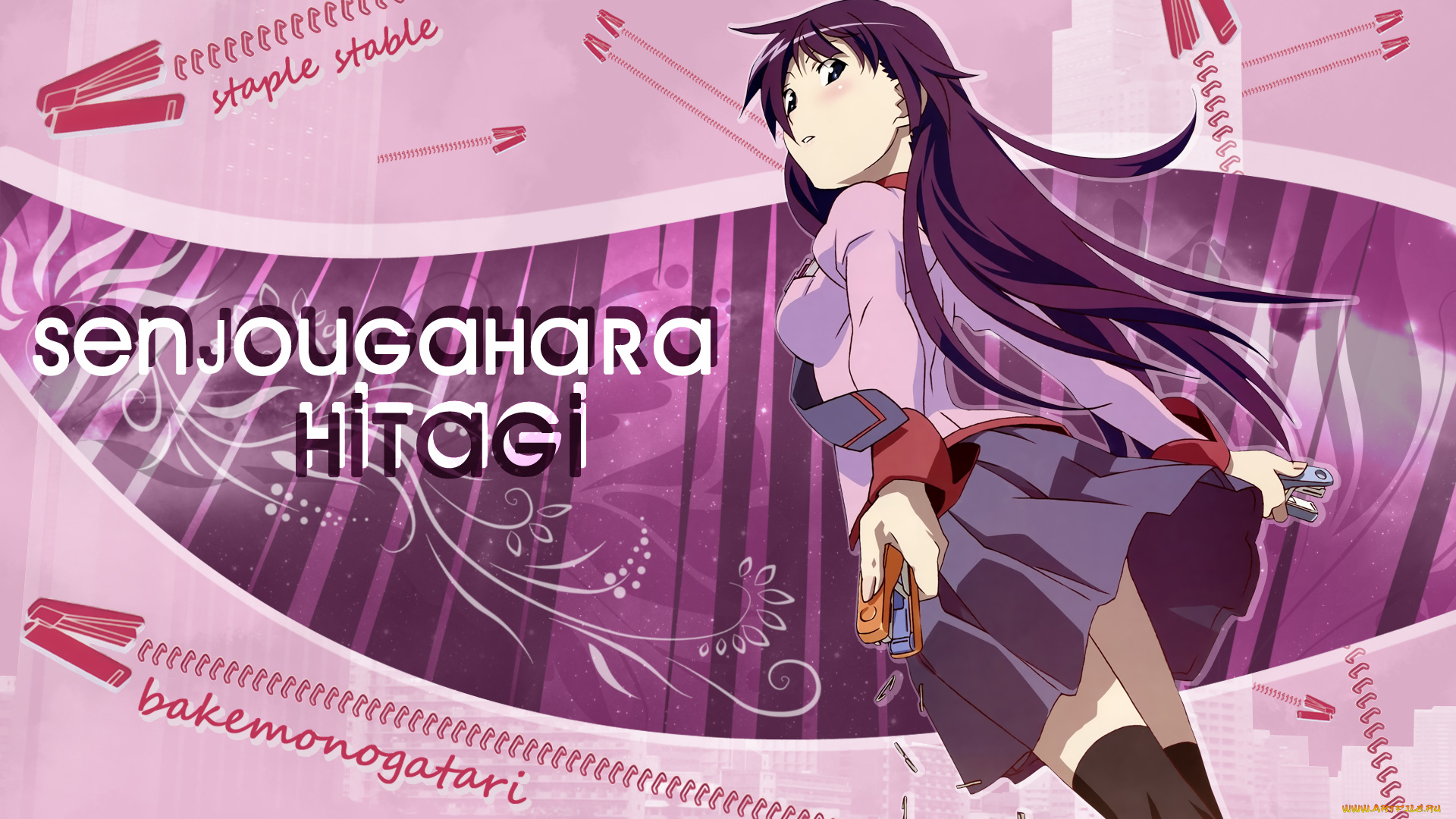 аниме, bakemonogatari, девушка, взгляд, фон