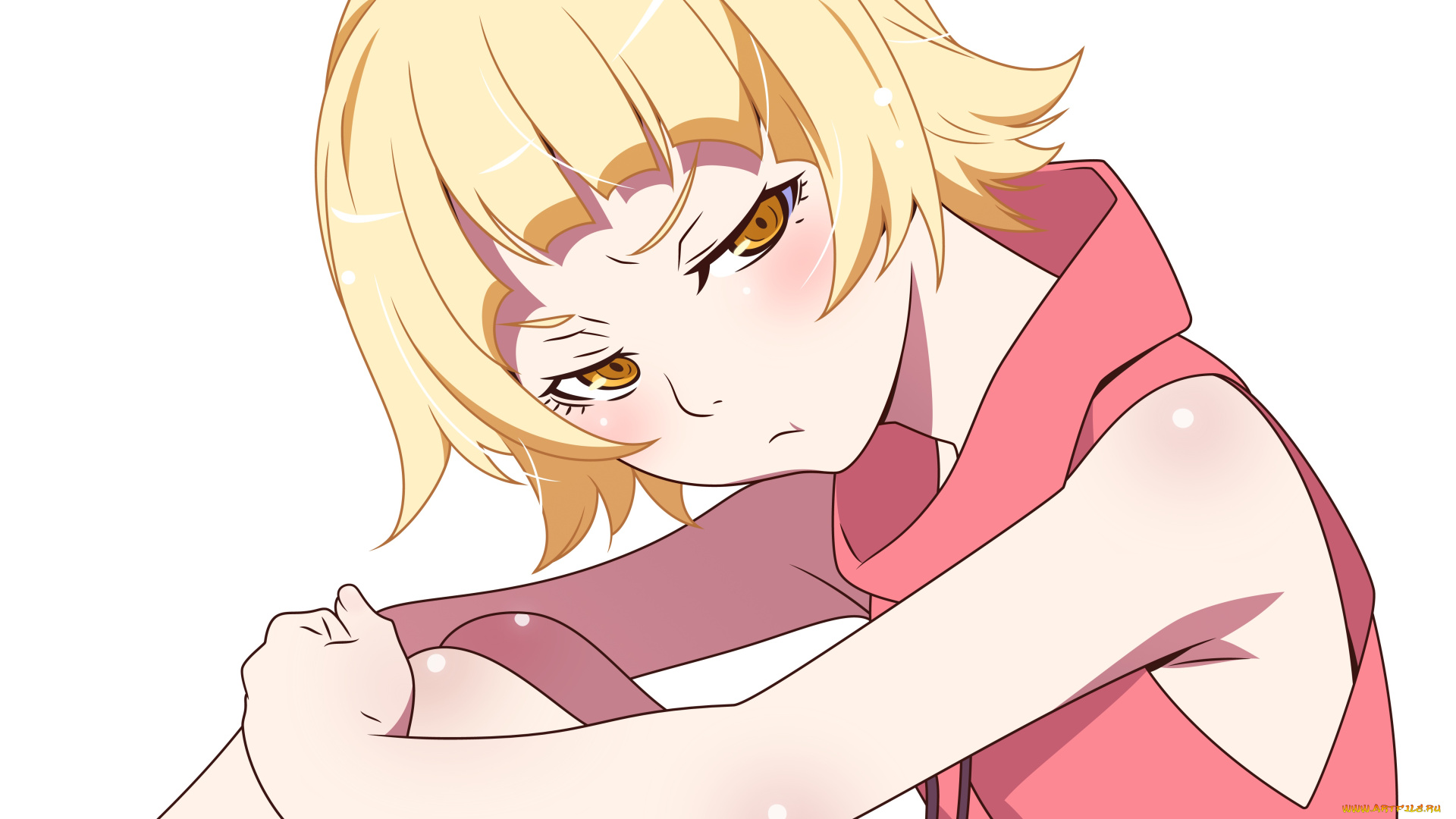 аниме, bakemonogatari, девушка, взгляд, фон