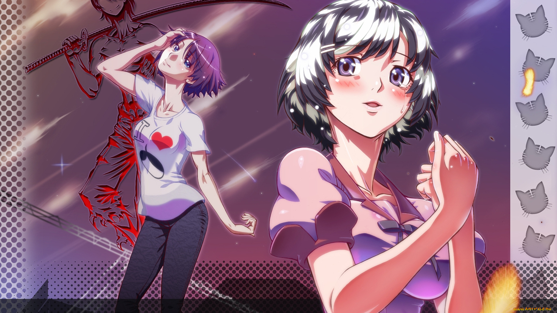 аниме, bakemonogatari, девушки, взгляд, фон