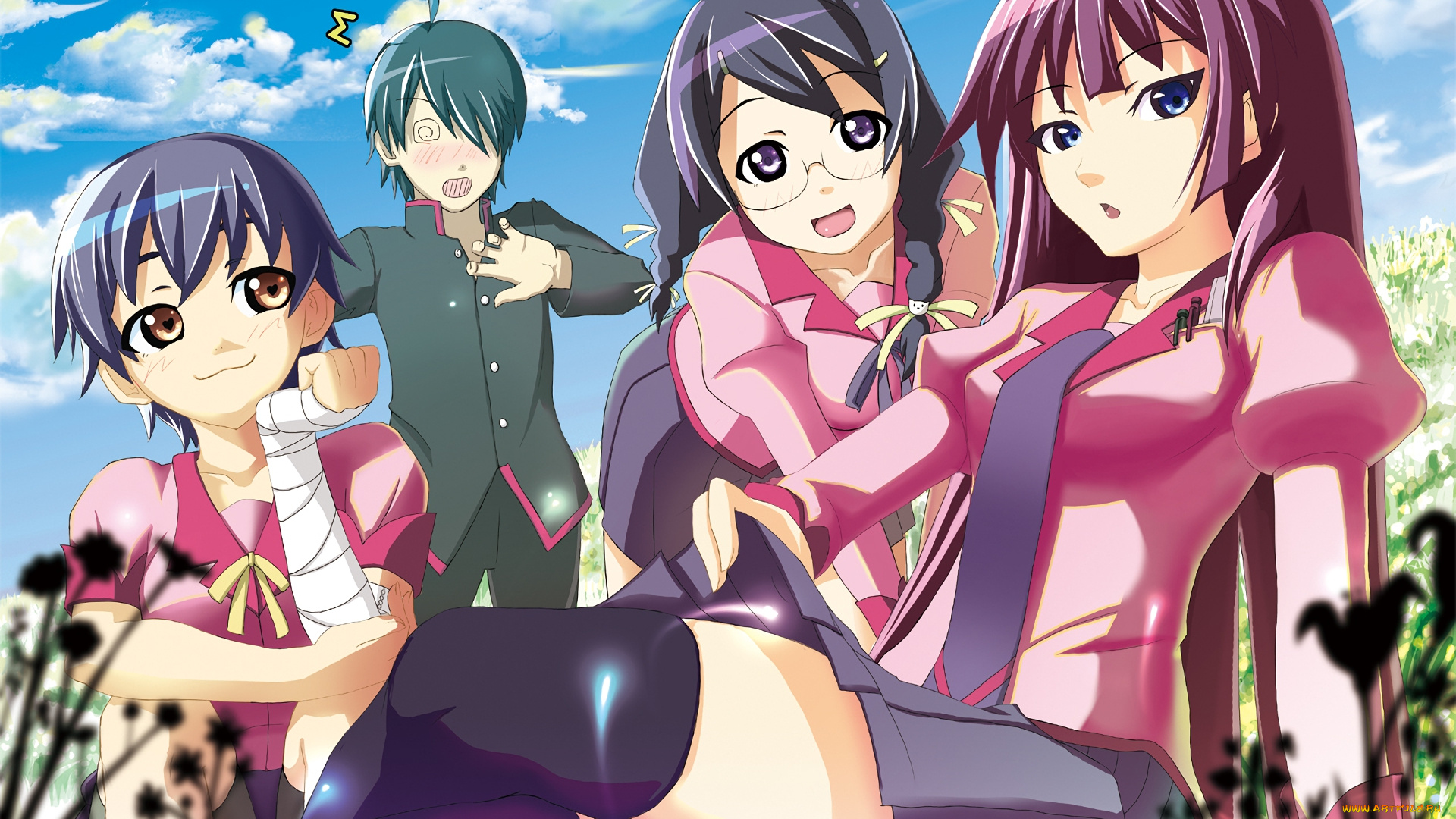 аниме, bakemonogatari, девушки, взгляд, фон