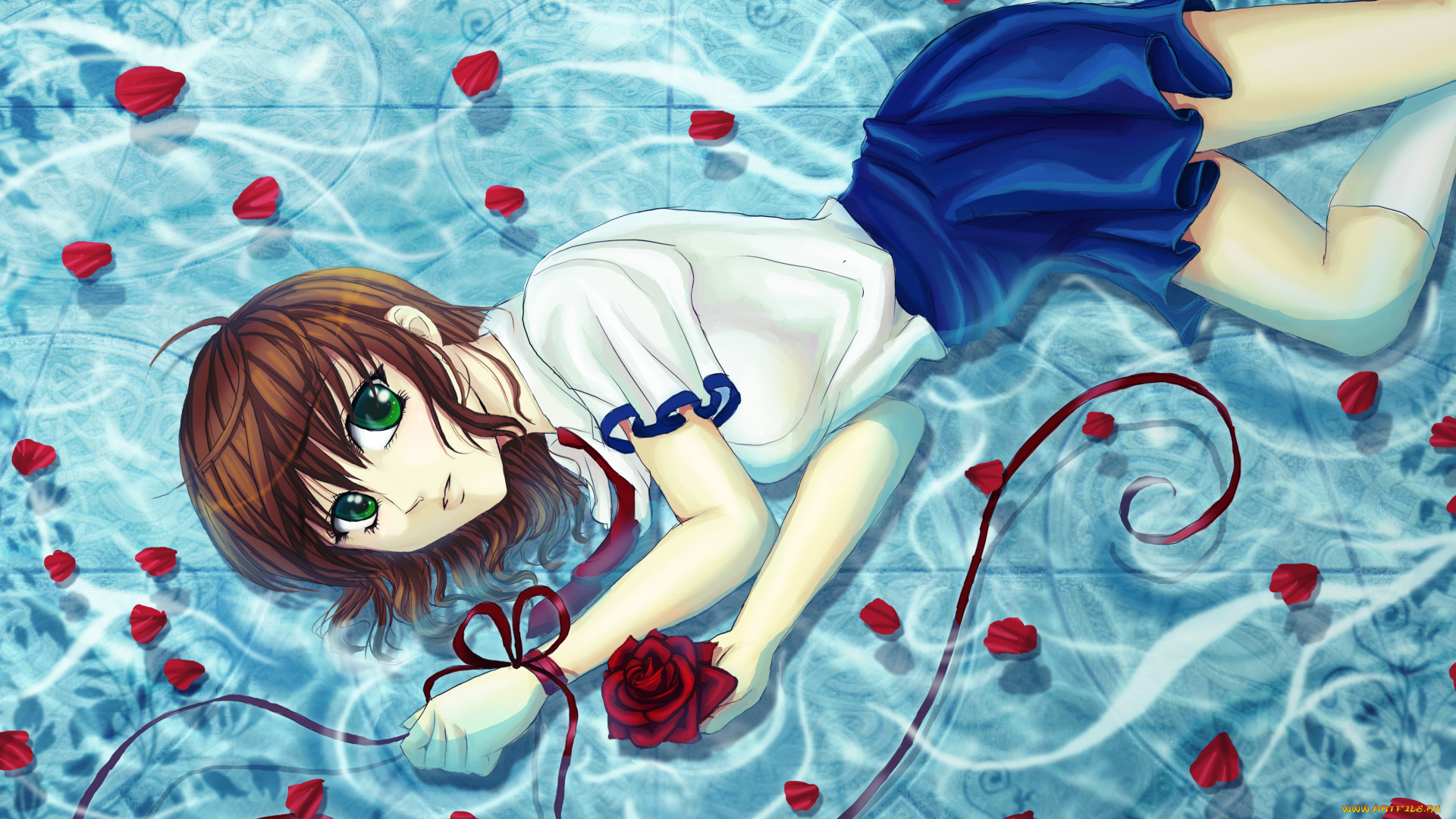 аниме, unknown, , другое, взгляд, девушка, фон, роза, вода