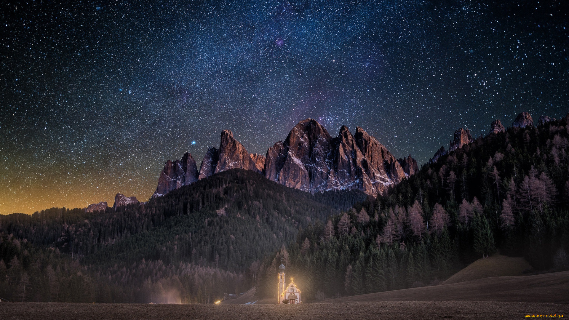города, -, католические, соборы, , костелы, , аббатства, свет, звезды, небо, церковь, альпы, ночь, горы, лес