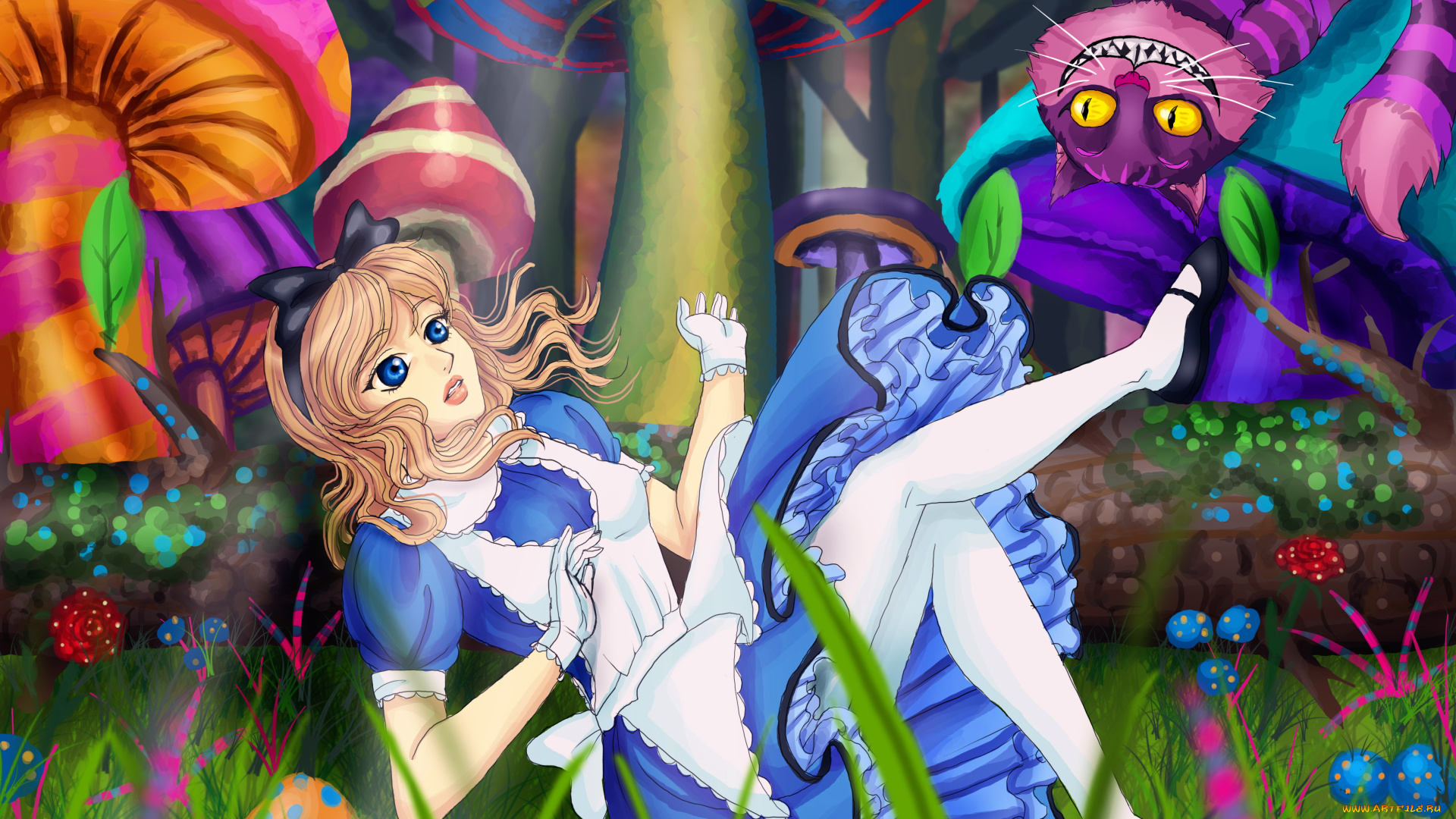 рисованное, кино, кот, фон, девушка, взгляд