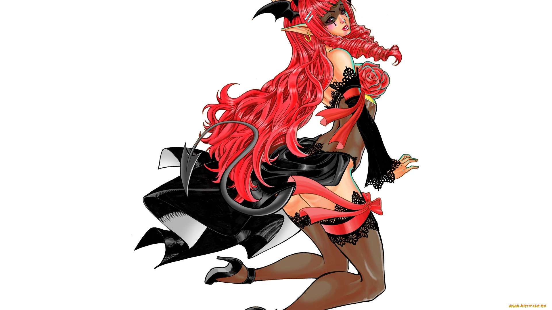 рисованное, комиксы, чулки, эльф, хвост, нимб, фон, девушка, рога