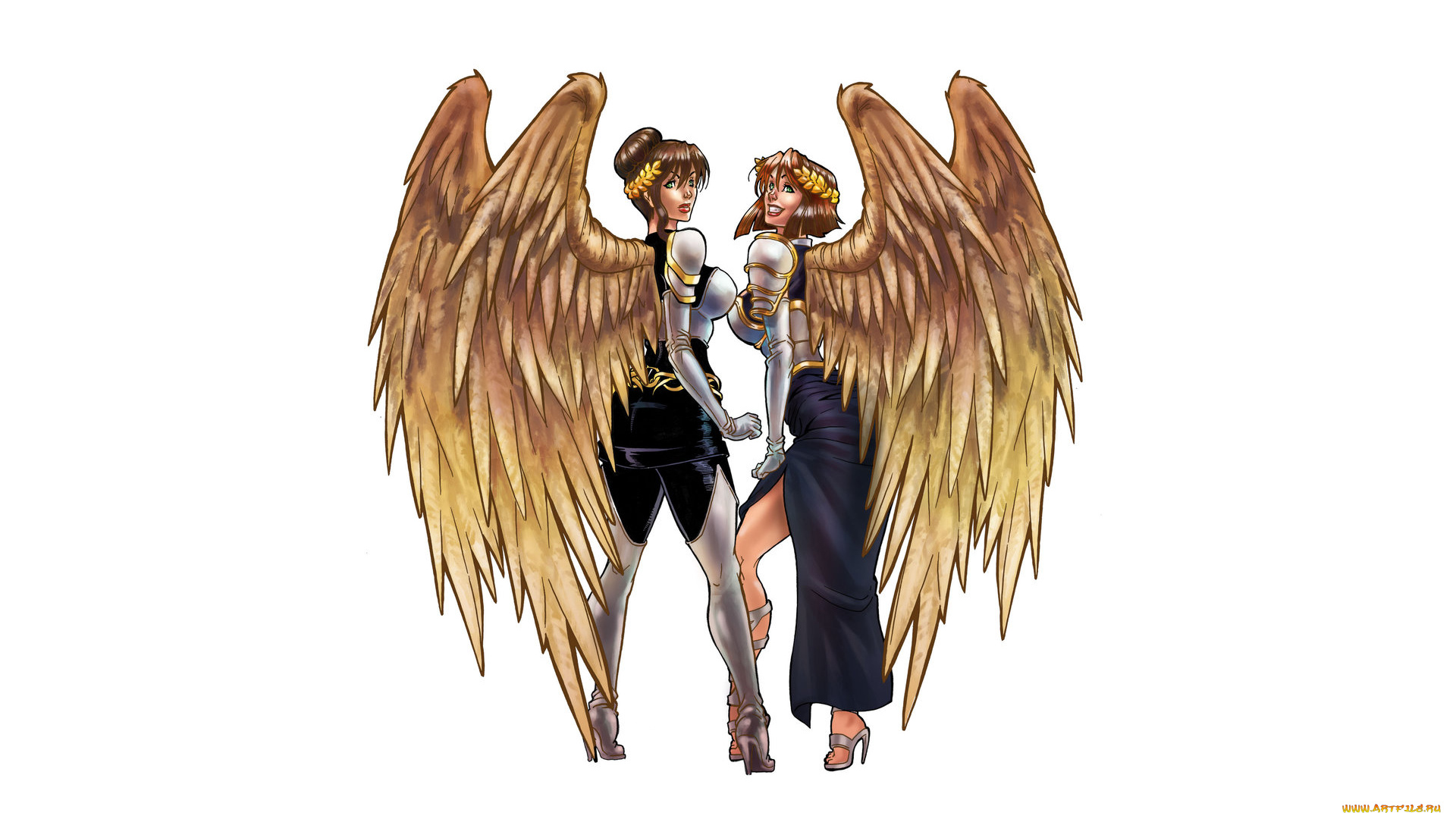 рисованное, комиксы, фон, крылья, улыбка, девушки, взгляд