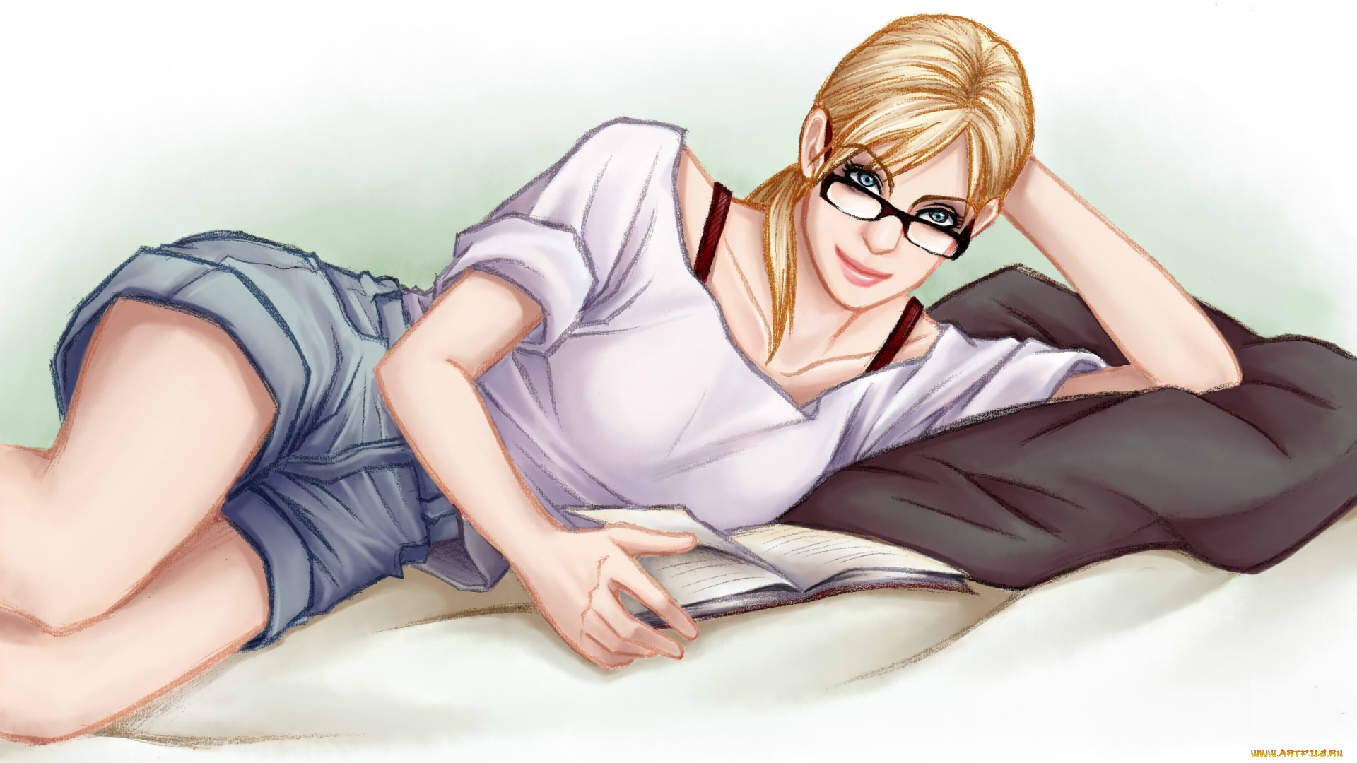 рисованное, люди, кровать, девушка, книга, очки, взгляд, фон
