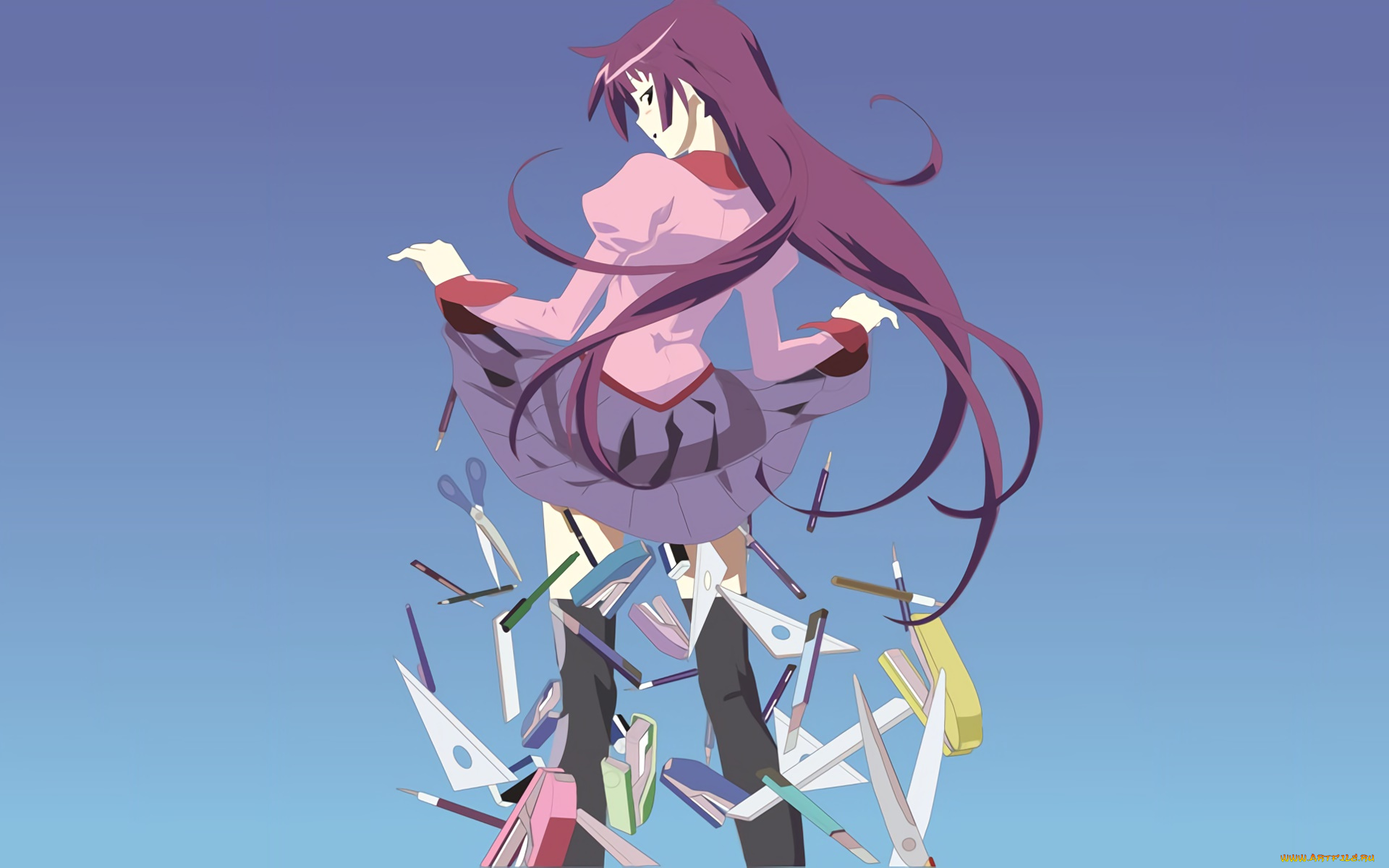 аниме, bakemonogatari, девушка, фон, взгляд