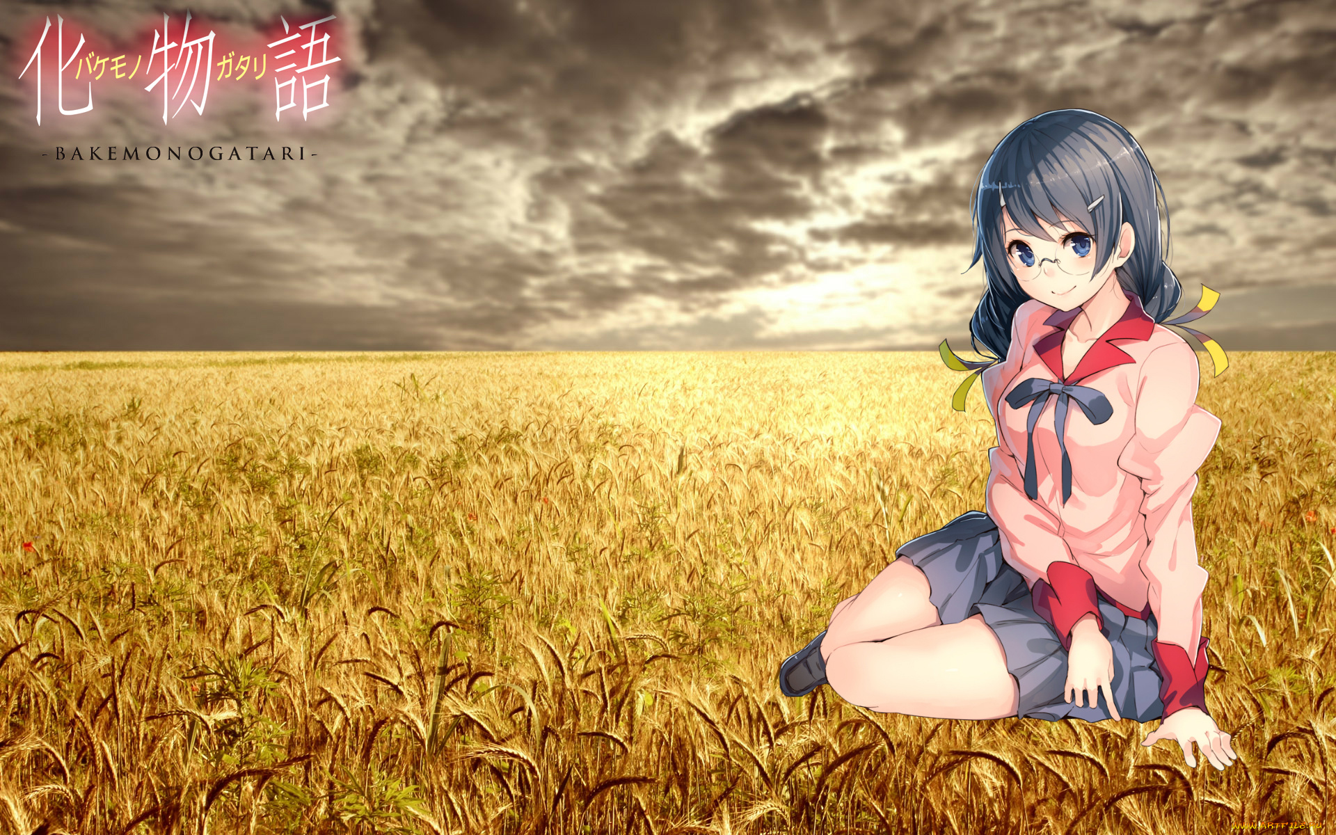 аниме, bakemonogatari, девушка, взгляд, фон