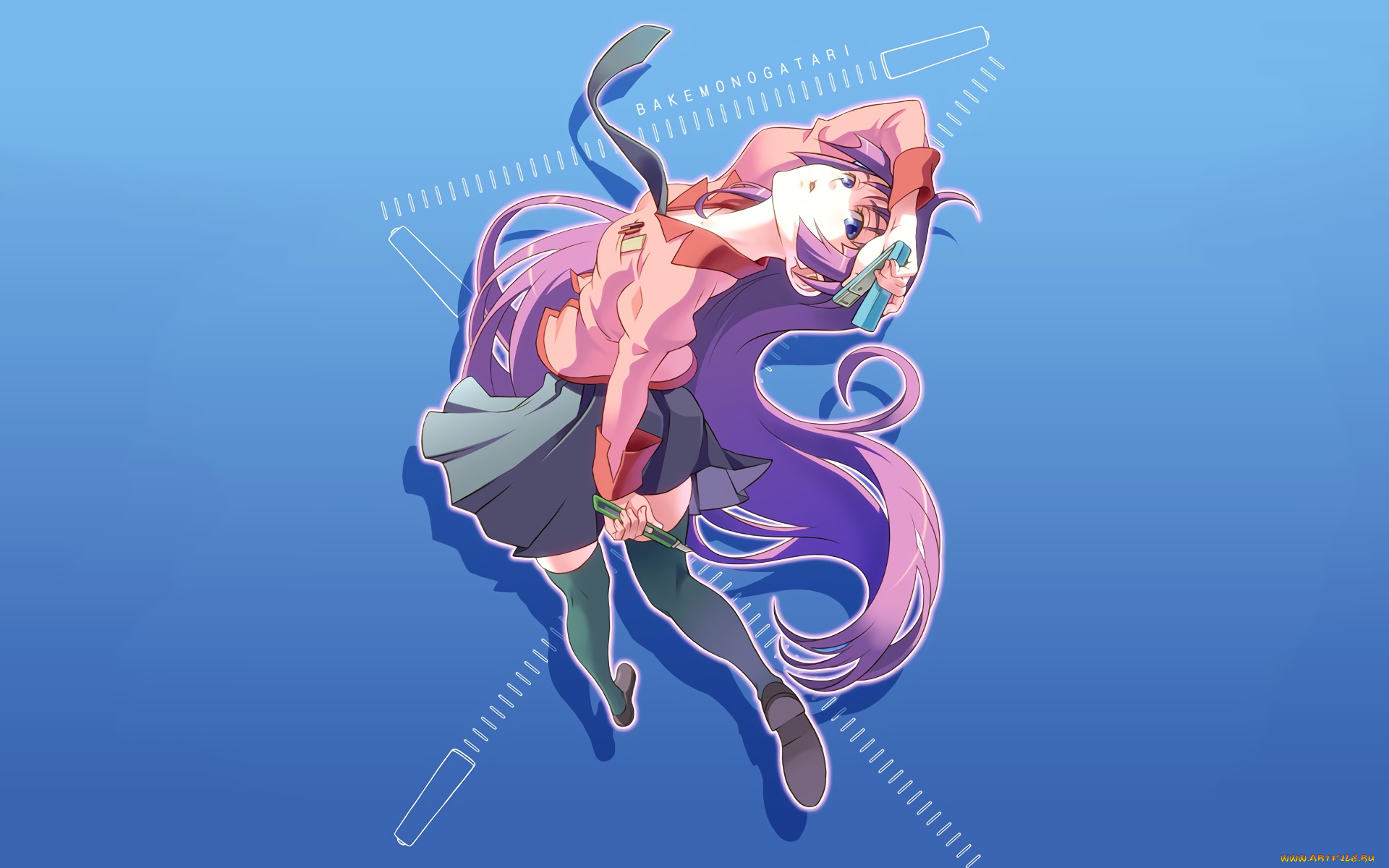 аниме, bakemonogatari, девушка, взгляд, фон