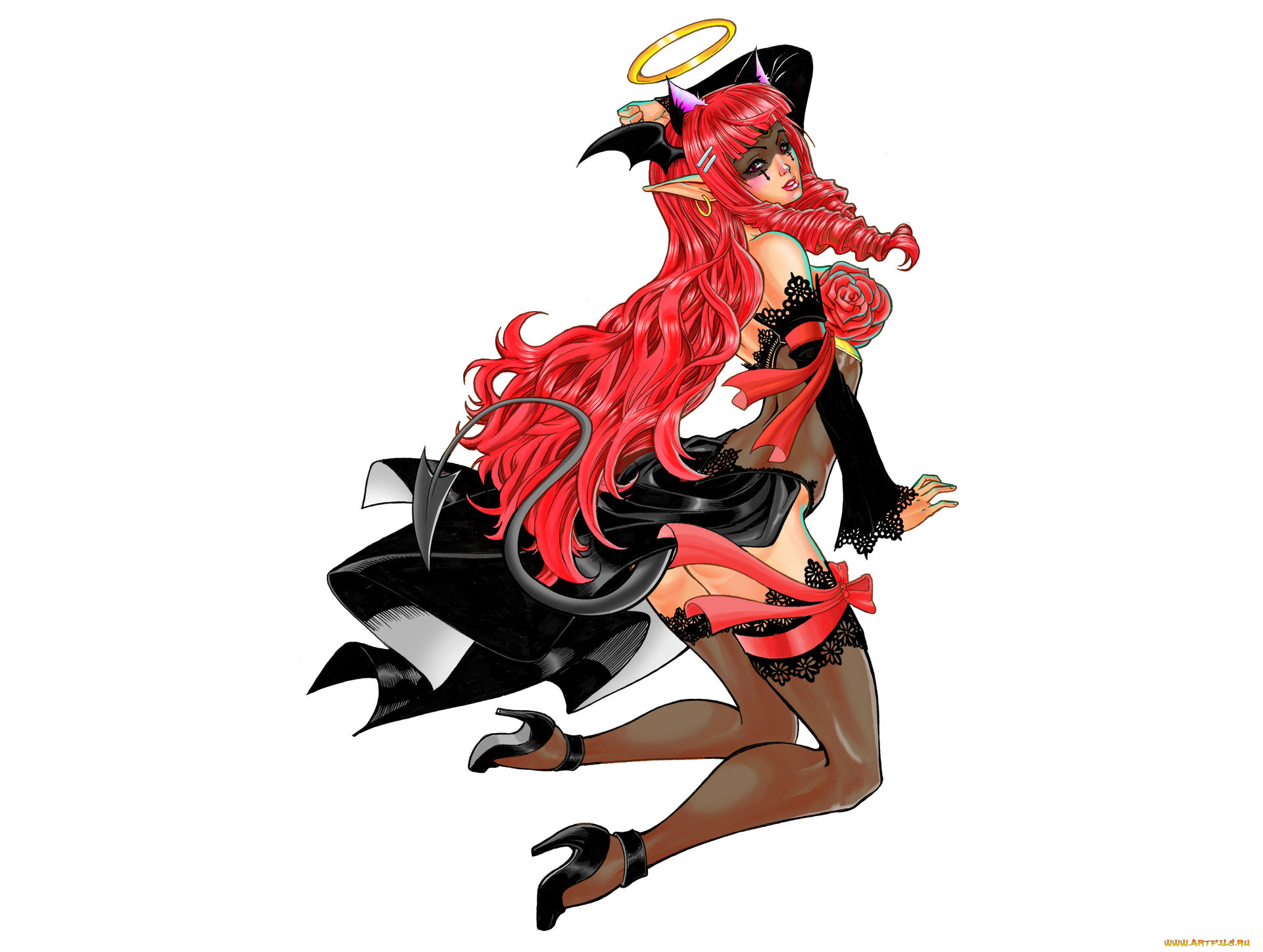 рисованное, комиксы, чулки, эльф, хвост, нимб, фон, девушка, рога