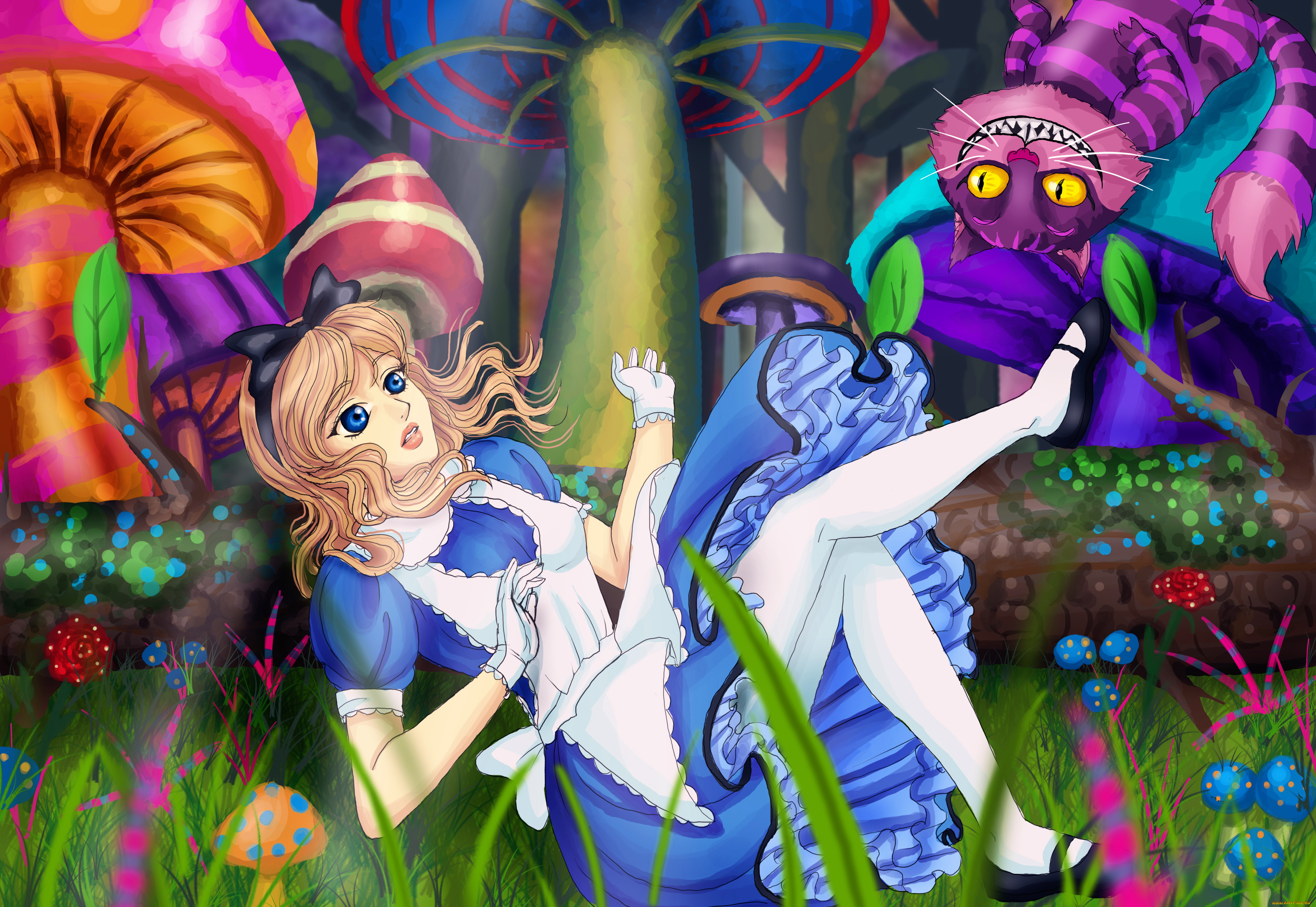 рисованное, кино, кот, фон, девушка, взгляд