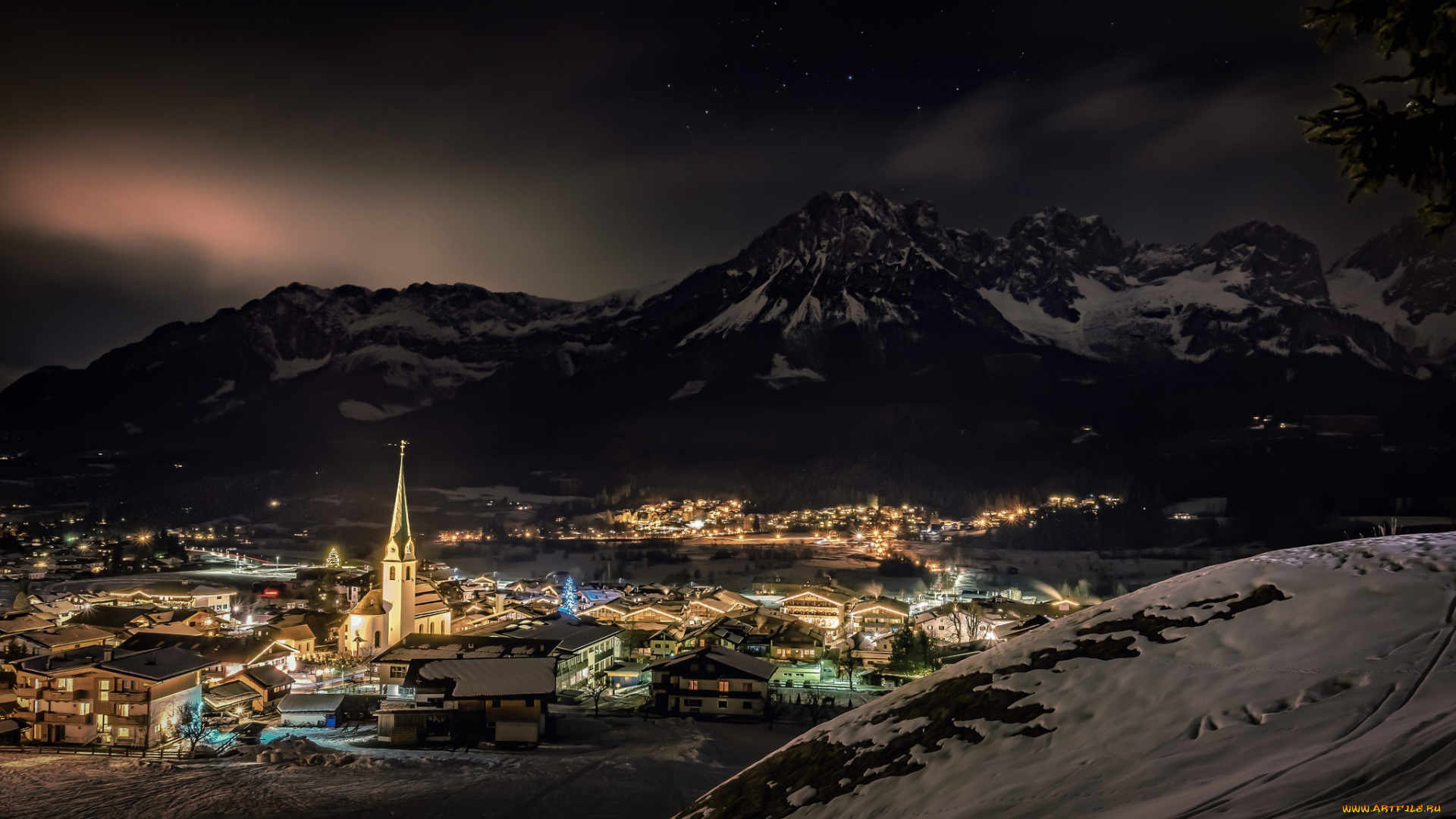 города, -, огни, ночного, города, austria, ellmau, tyrol