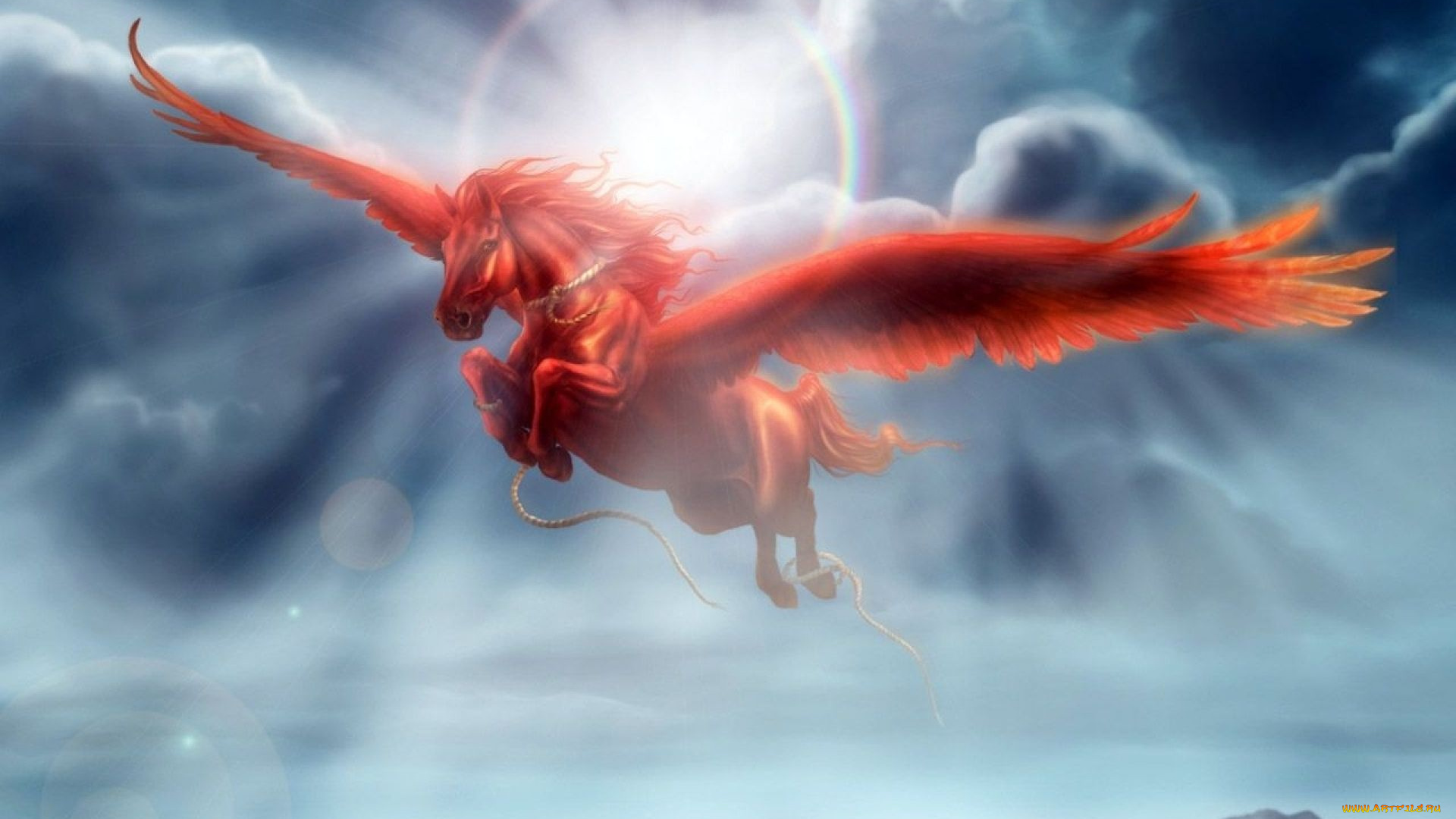 фэнтези, пегасы, пегас, красный, веревка, полет