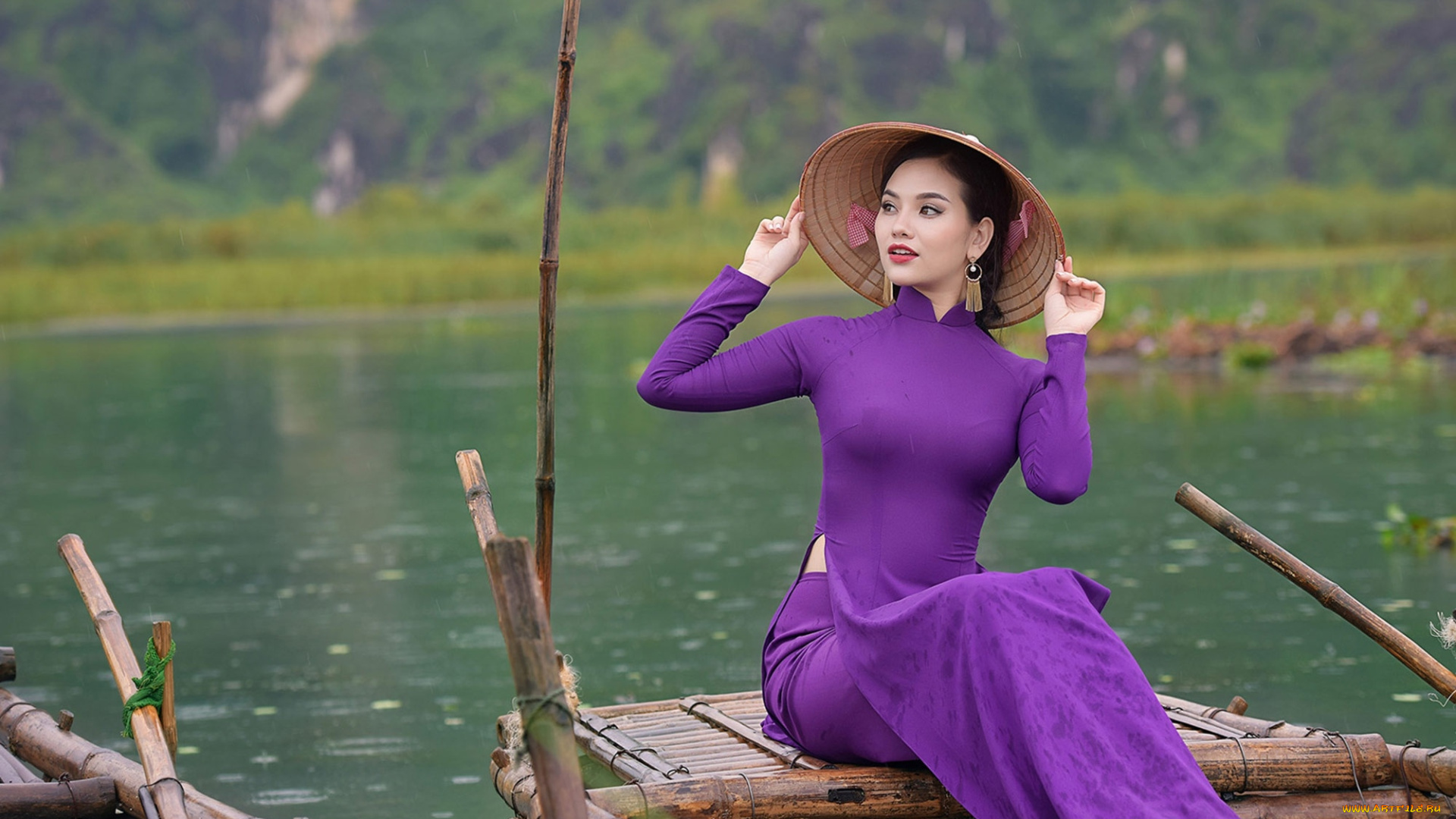 девушки, -, азиатки, азиатка, лиловый, наряд, шляпа