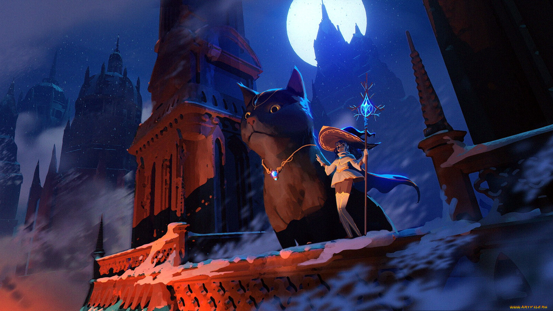 фэнтези, маги, , волшебники, девушка, шляпа, посох, кошка, замок, снег, луна