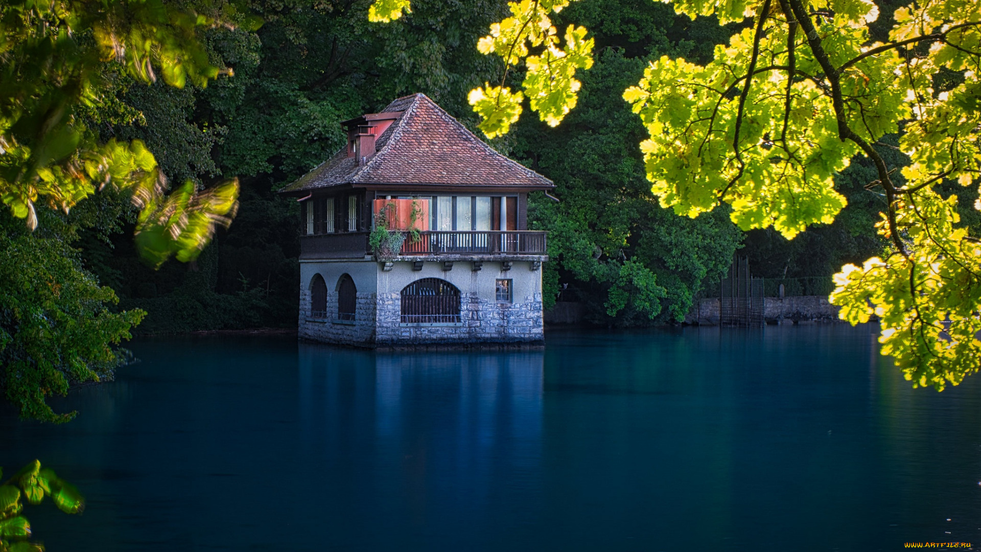 города, -, здания, , дома, озеро, дом