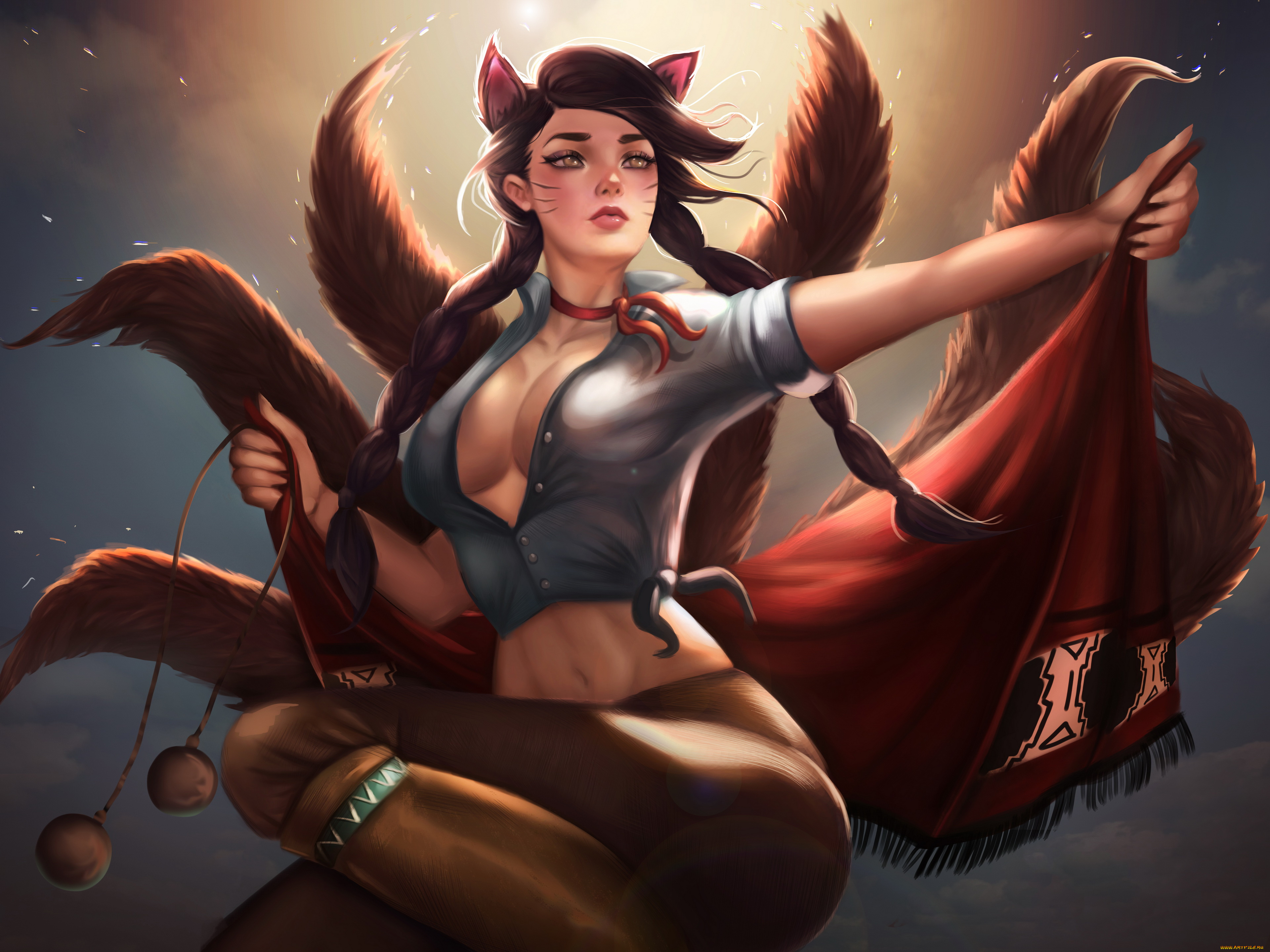 видео, игры, league, of, legends, девушка, фон, ушки, хвост, ahri