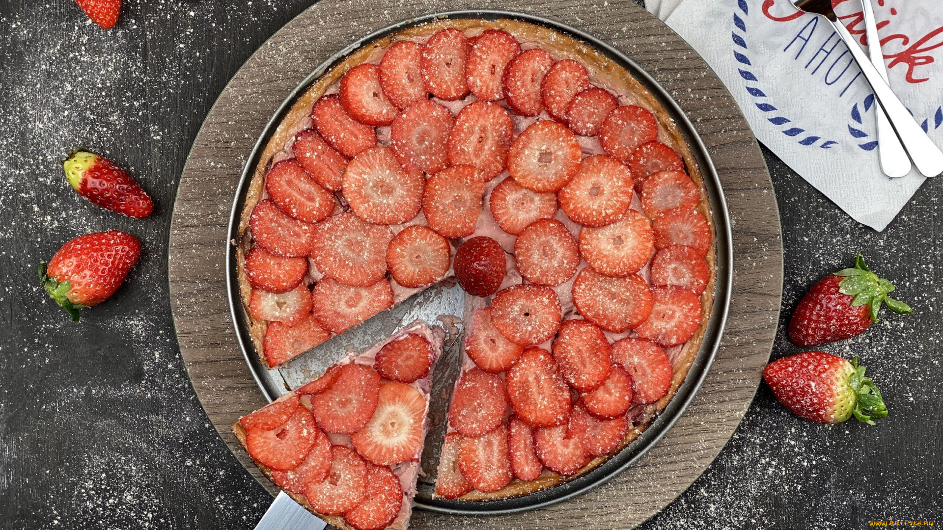 еда, пироги, ягоды, клубника, пирог, клубничный