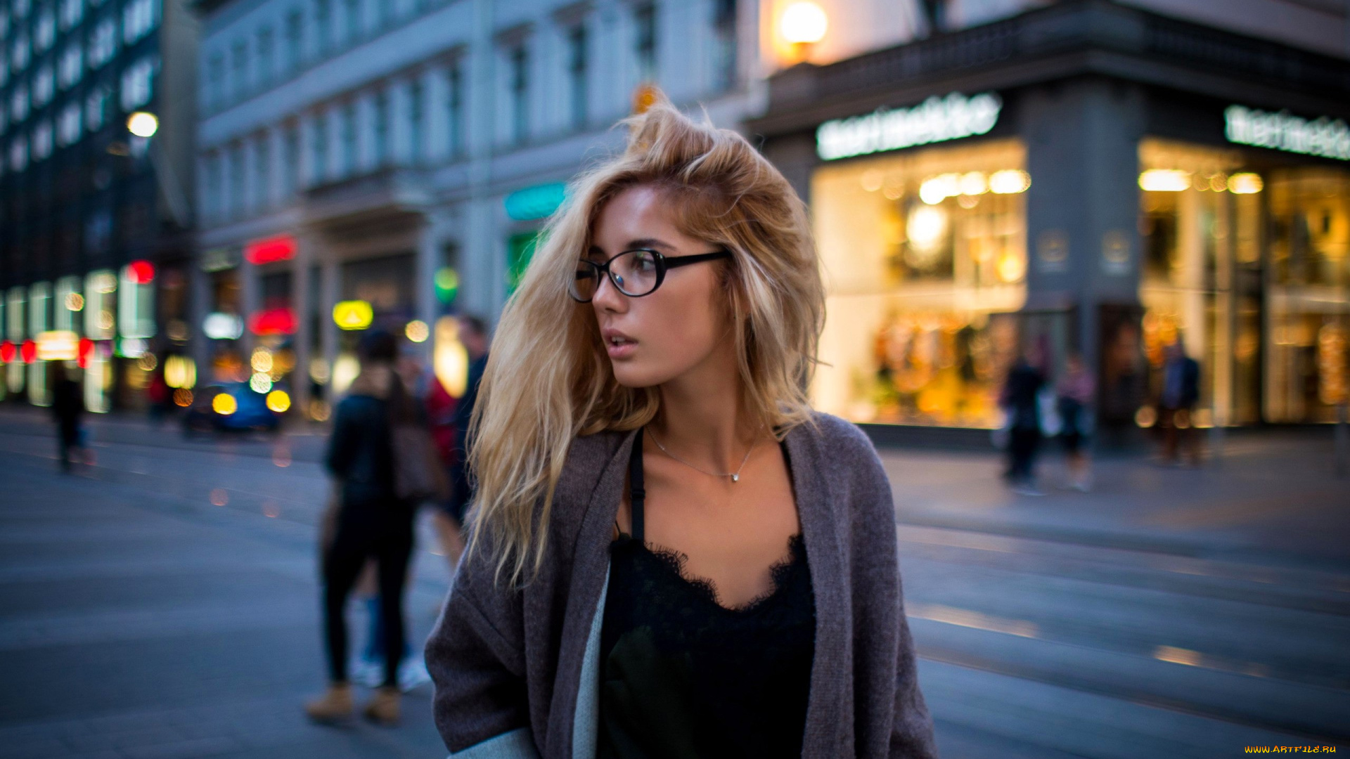 девушки, -, блондинки, , светловолосые, блондинка, очки, город, огни