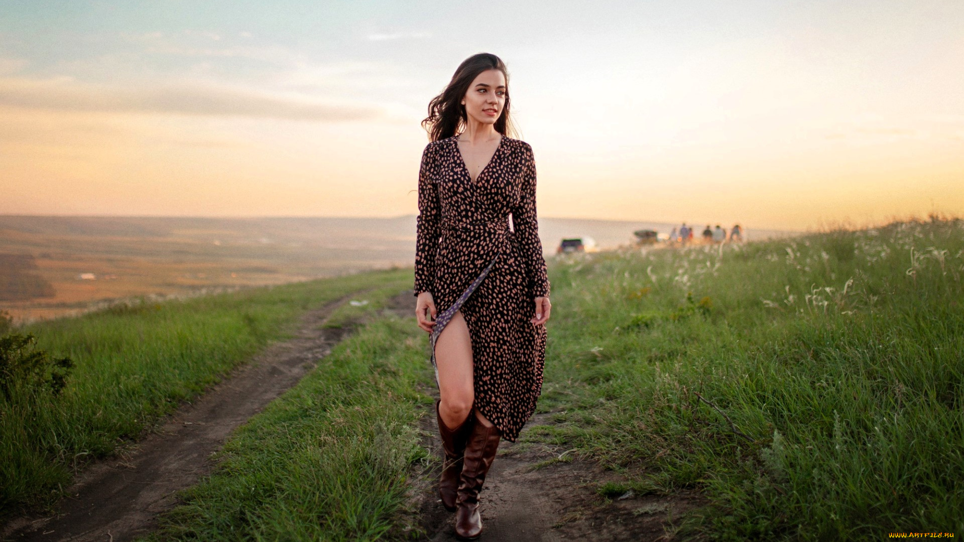 девушки, -, брюнетки, , шатенки, брюнетка, платье, сапоги, склон, тропа