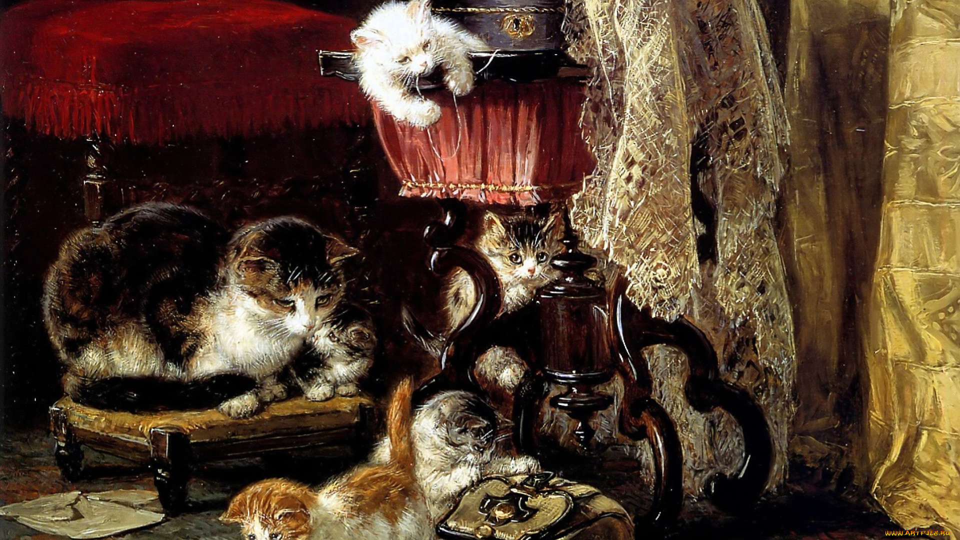 рисованное, henriette, ronner-knip, кошка, котята, клубок