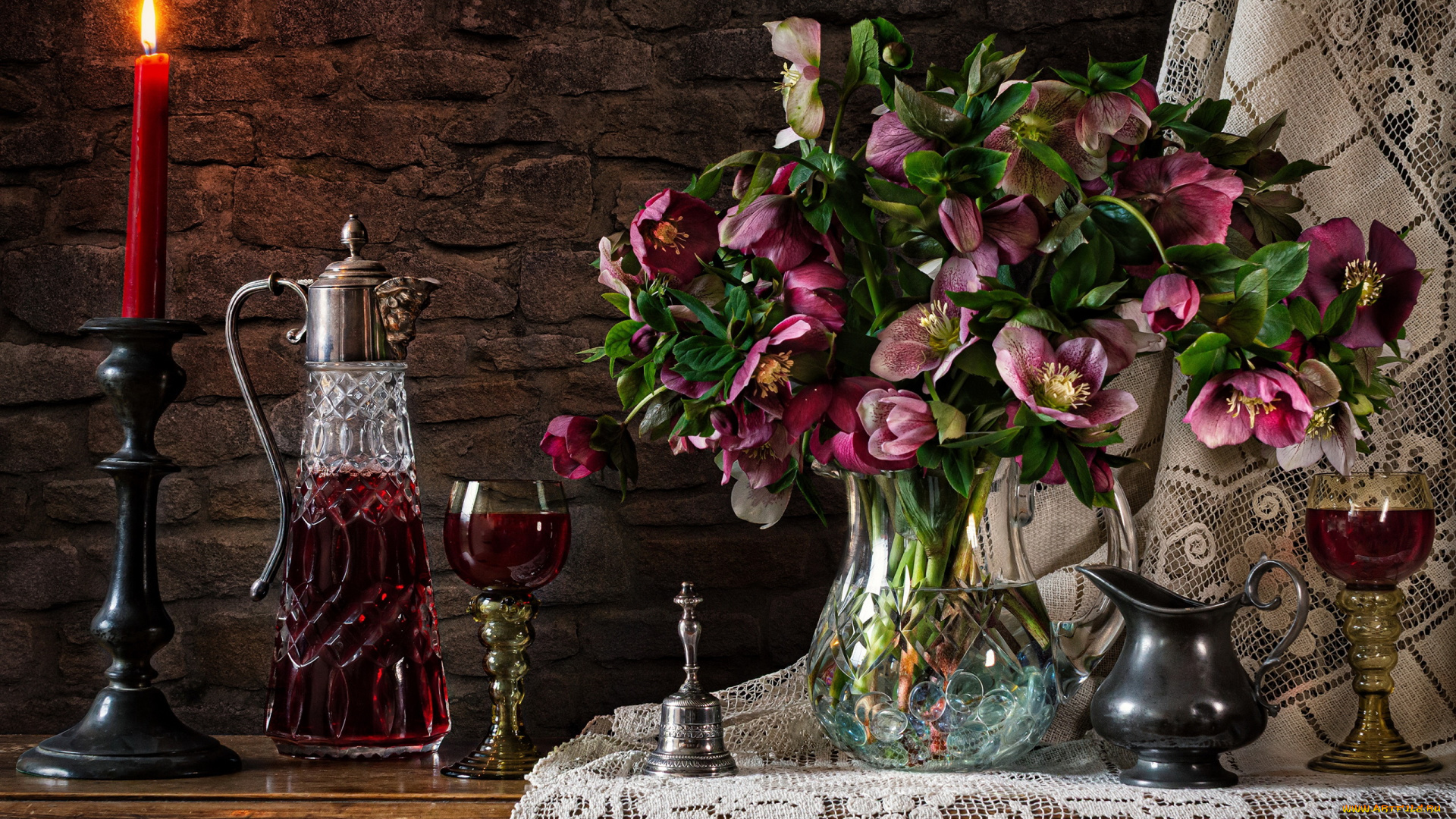 еда, напитки, , вино, свеча, колокольчик, вино, букет, кувшин, бокалы