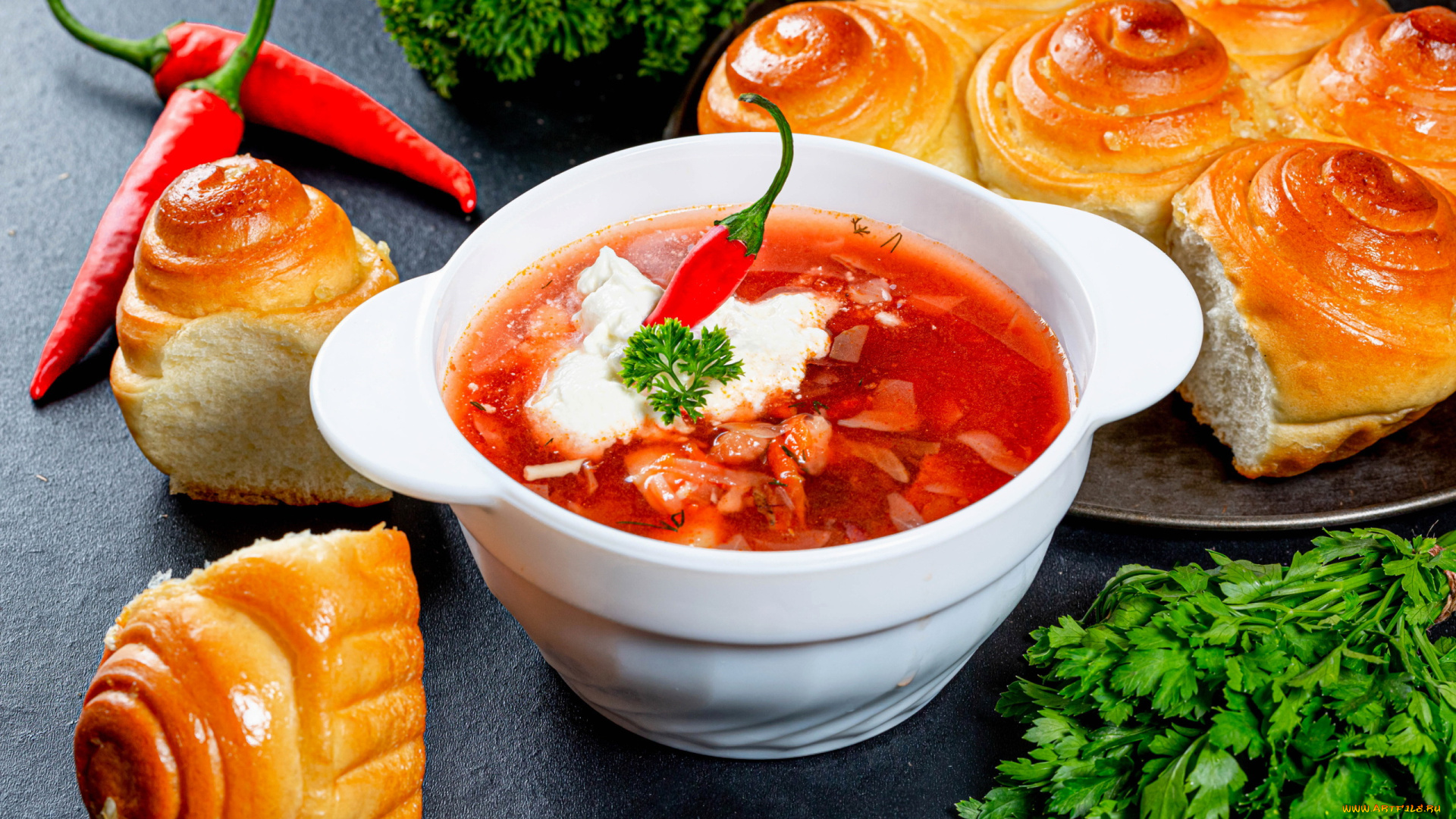 еда, первые, блюда, острый, перец, борщ, пампушки, петрушка