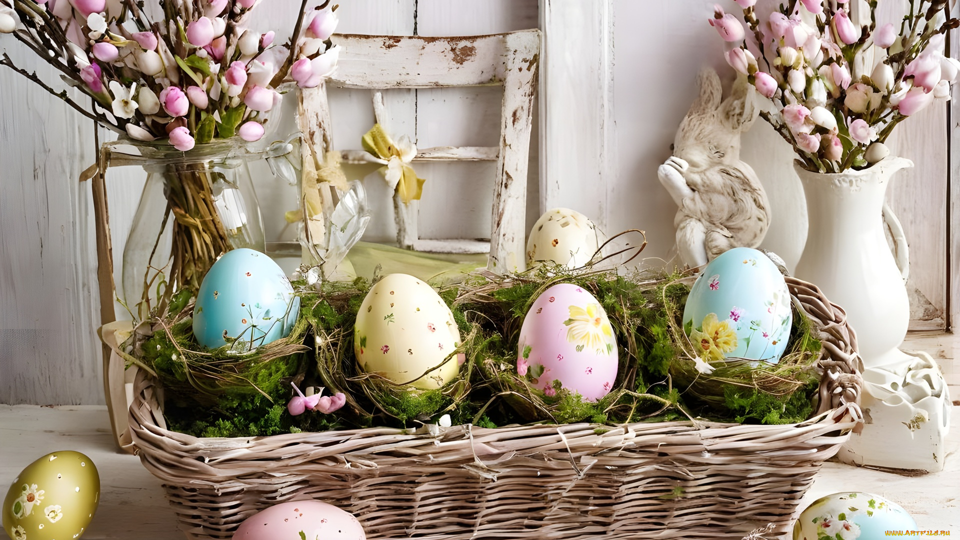 праздничные, пасха, цветы, корзинка, яйца